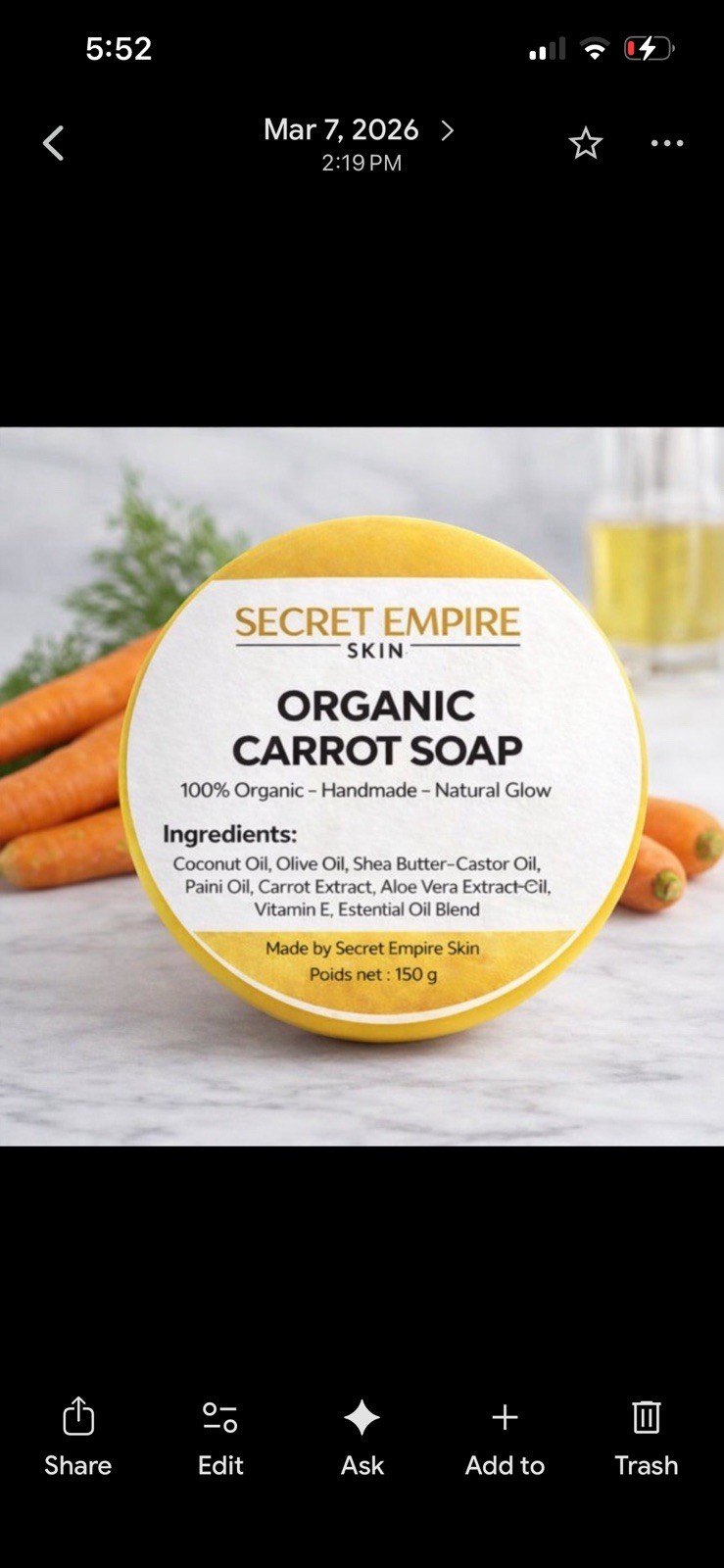 Secret Empire Skin Organic Handmade Carrot Soap Coconut Olive Shea 150g 3Bar