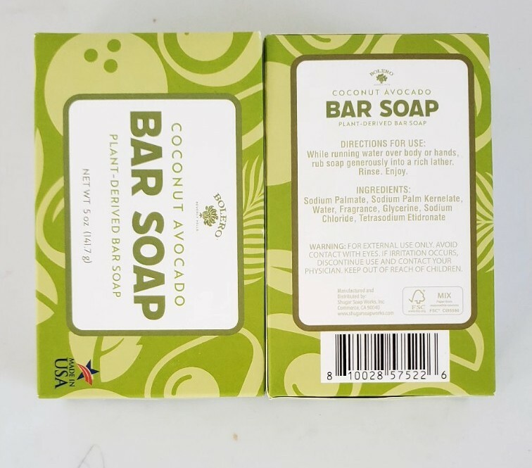 Bolero Coconut Avocado Bar Soap Plant-Derived 2 bar 5 oz each made in USA New