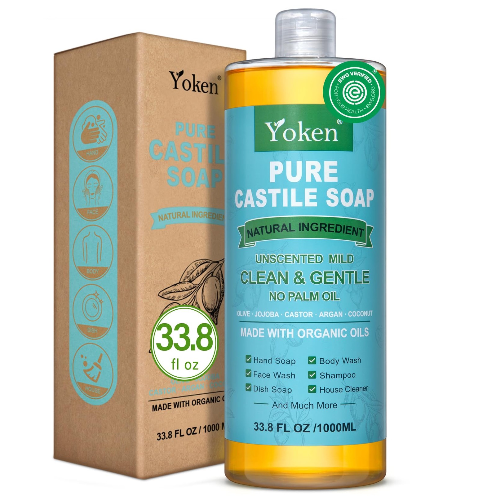 EWG Verified Castile Soap Liquid Unscented 33.8 fl oz Pure Castile Liquid Cle…