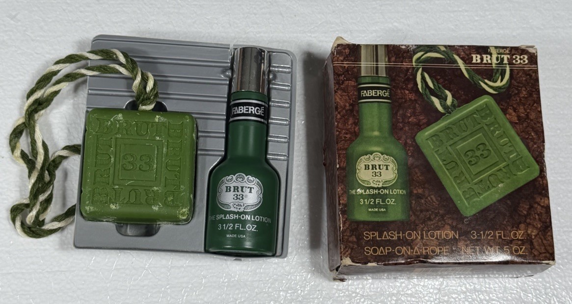 Vintage BRUT For Men FABERGE SOAP-ON-A-ROPE w/splash Lotion – Green Unused Read