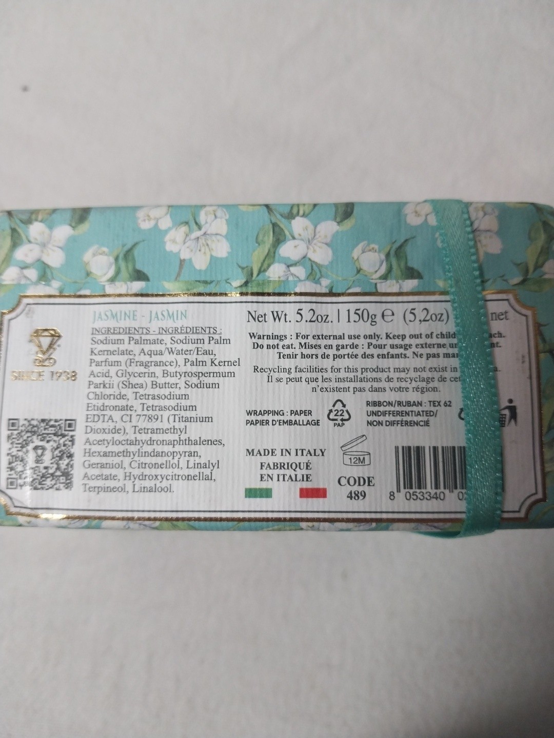 3x 5.2oz Zeni Jasmine Triple Milled Bar Soap – Made in ITALY – Total 15.8oz