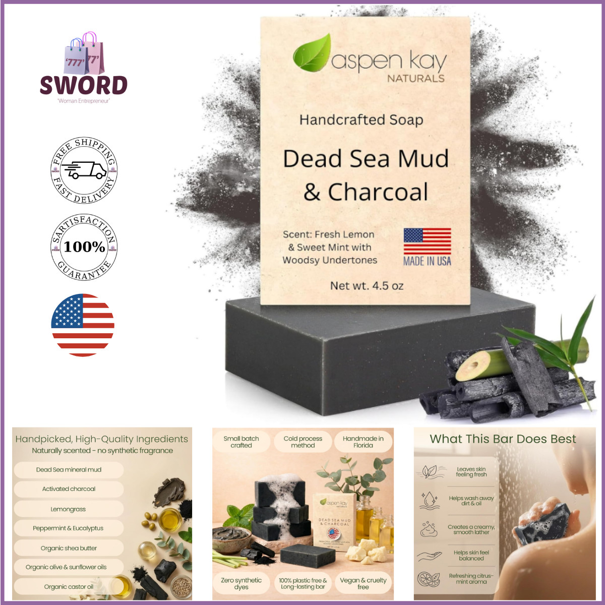 Handmade Dead Sea Mud Soap Bar, Activated Charcoal & Pure Essential Oils, 4.5 oz