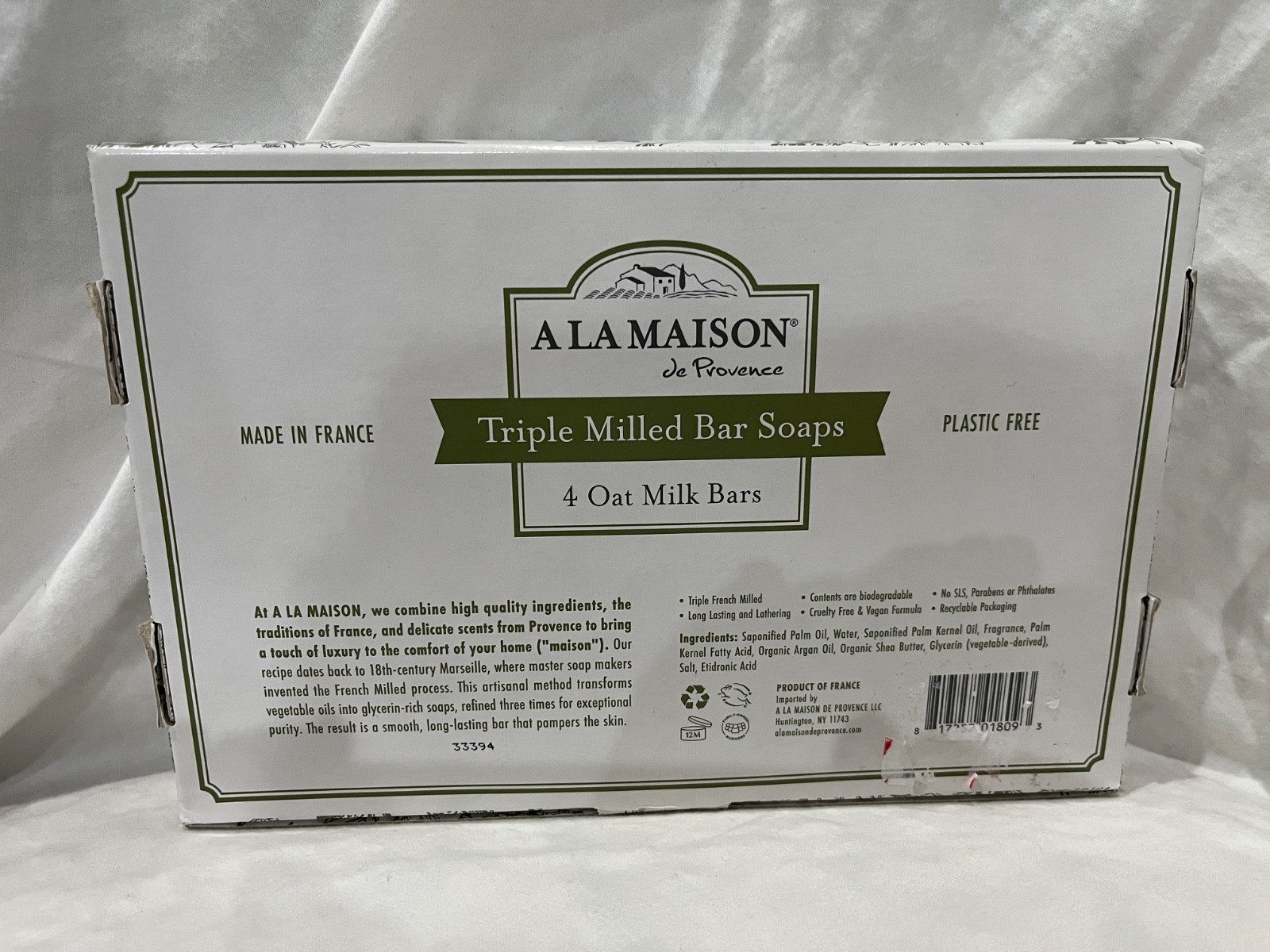 4 A La Maison Triple Milled Bar Soap Oat Milk Shea Butter Argan Made in France