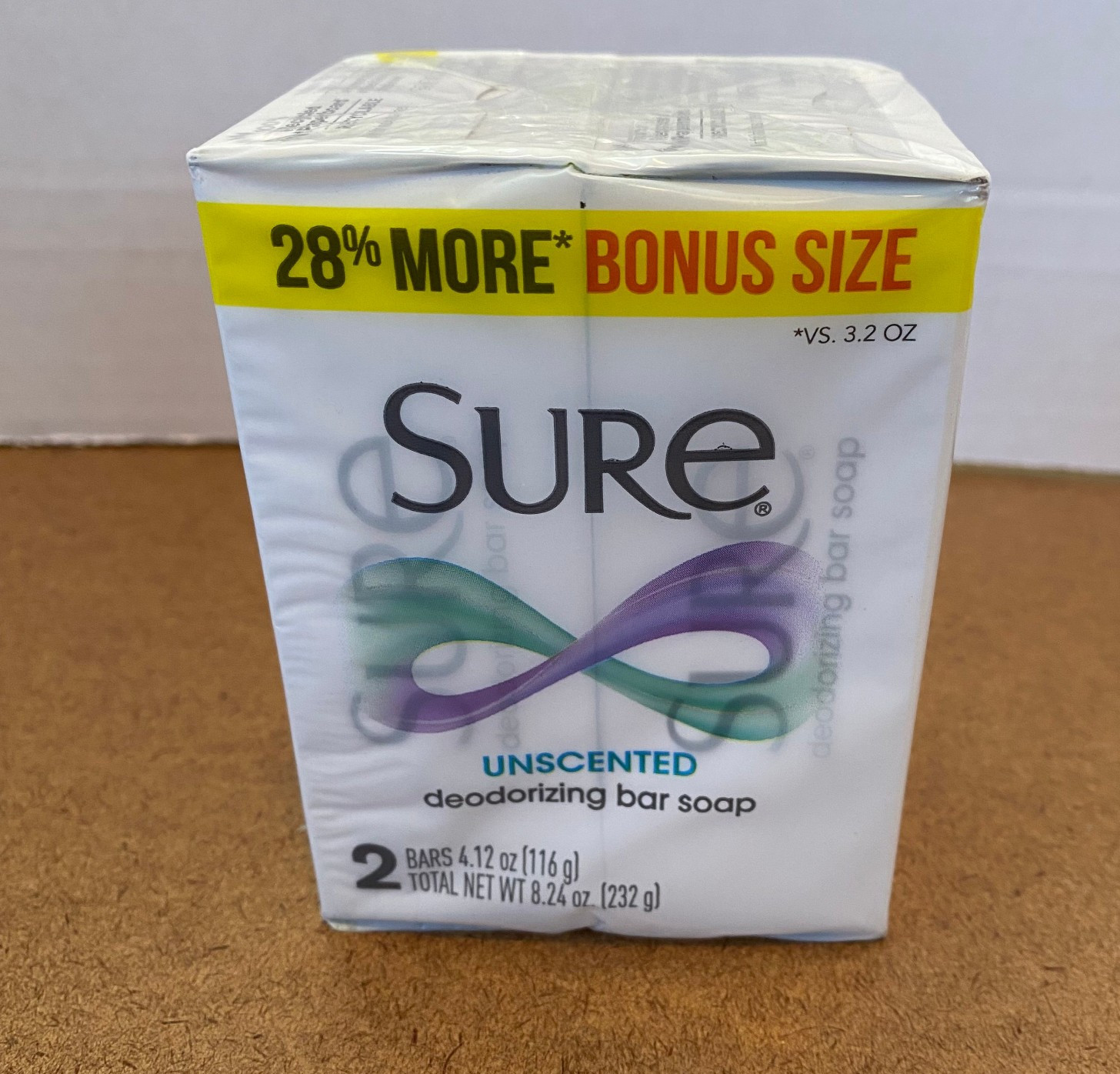 SURE 1 Pack (2 bars) of 4.12 oz UNSCENTED Deodorizing Soap-factory sealed NEW