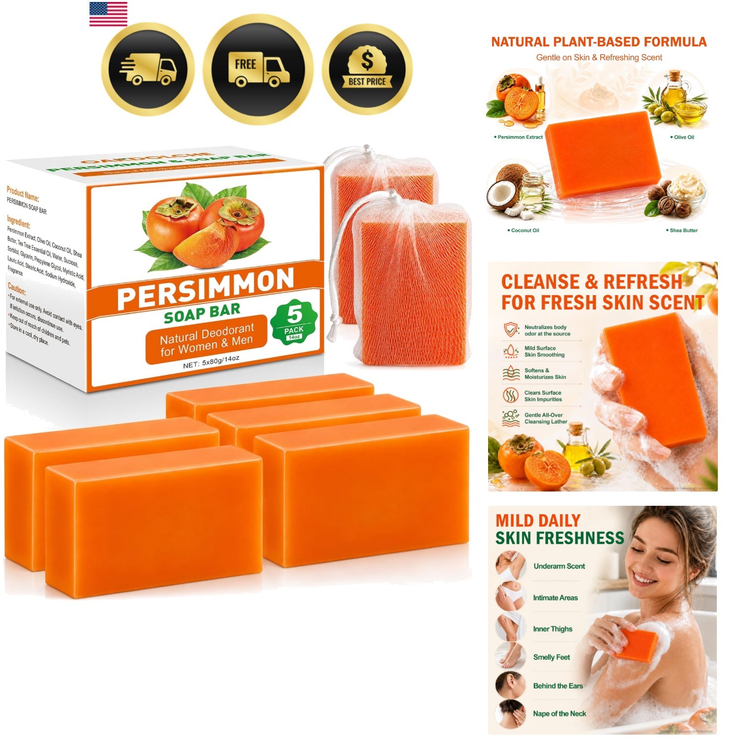 5 PCS Persimmon Soap Bar（80g） for Body Odor Control, Natural Refreshing Body …