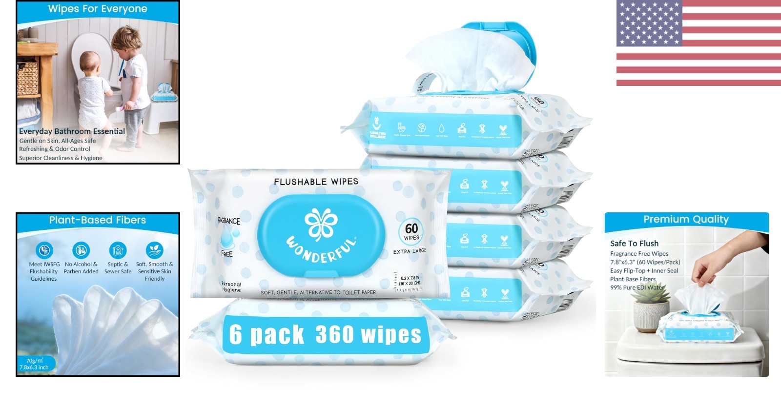Gentle Hypoallergenic Flushable Wipes for Adults & Kids – 360 Count Pack