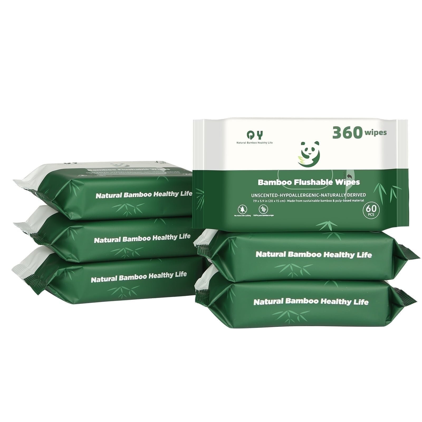 QingYa Bamboo Flushable Wet Wipes with Aloe, 360 Wipes (6 Packs)