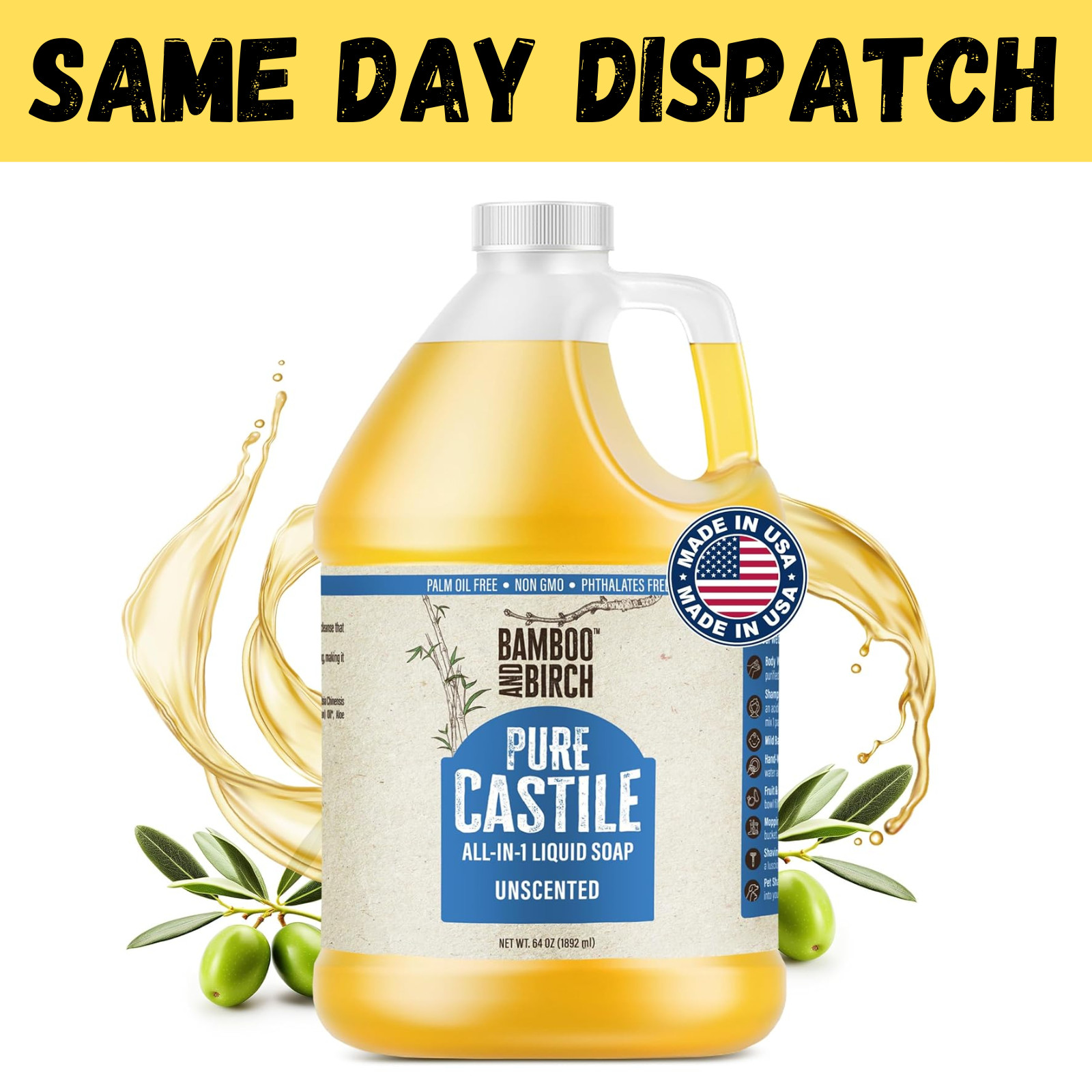 Pure Castile Soap Liquid Organic, Certified Palm 64 Fl Oz (Pack of 1) Unscented