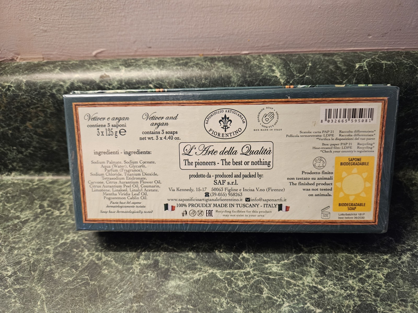Saponificio Artigianale Fiorentino Vetiver & Argan Luxury Soap Set 3 Made Italy