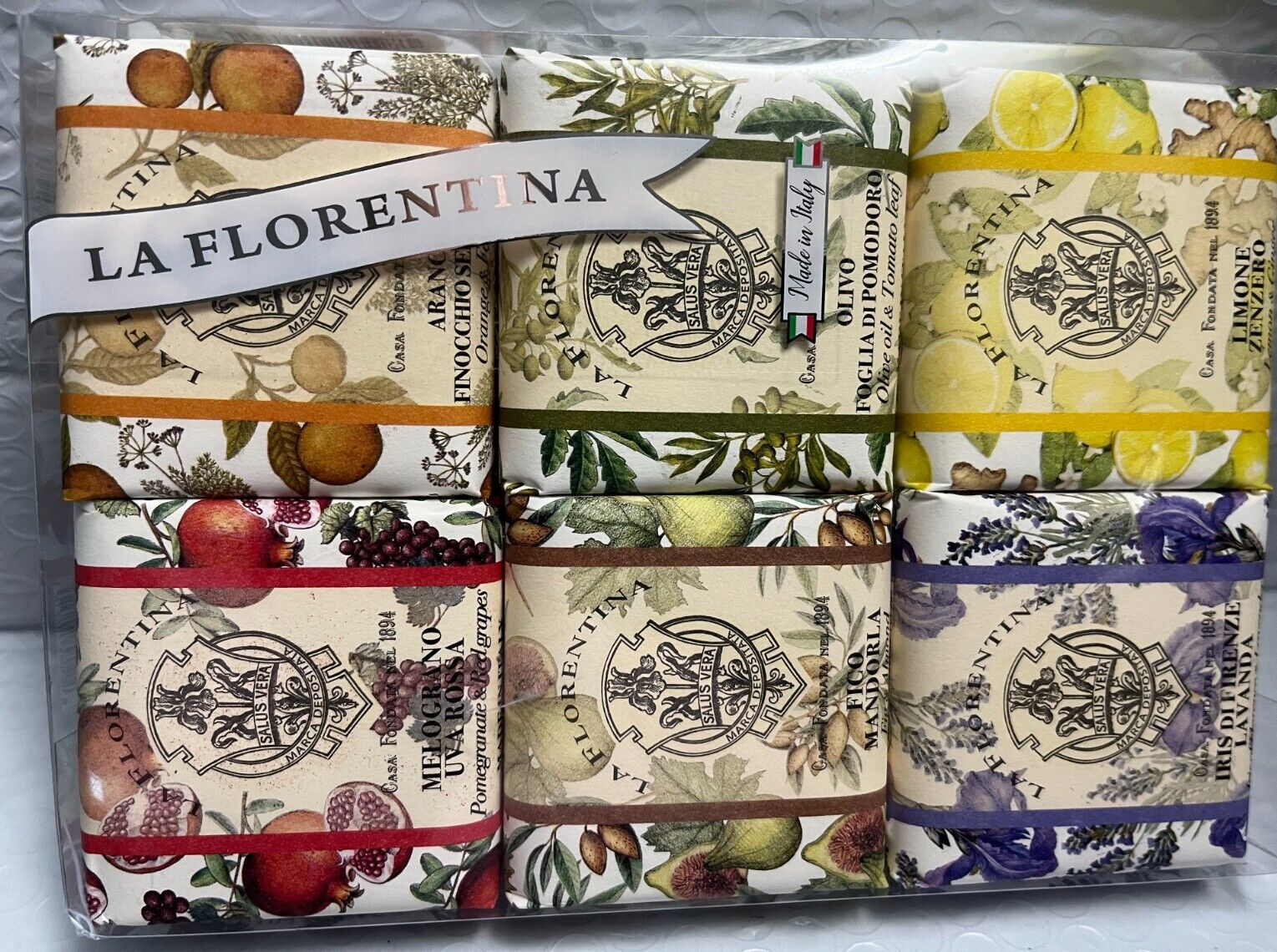 MARIO FISSI LA FLORENTINA ASSORTED SOAP SET,IRIS ORANGE,GRAPE,LEMON,FIG, 6X 3.7