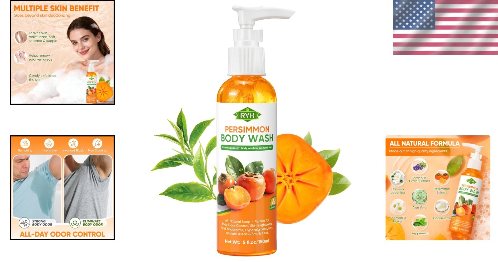 RYH Persimmon Body Wash for Body Odor Control – Natural Deodorant Soap for Elimi