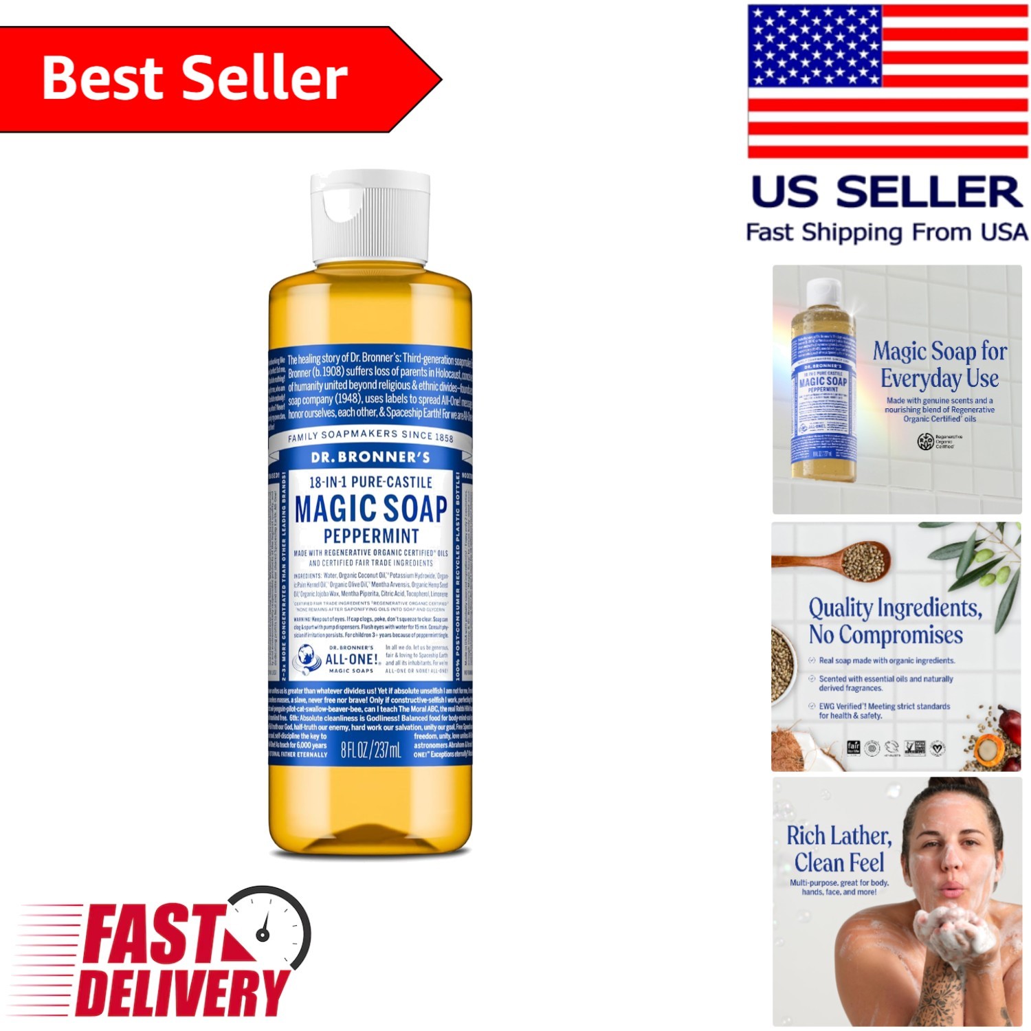 Ultra-Concentrated 8oz Peppermint Pure-Castile Soap – 18-in-1 Versatility