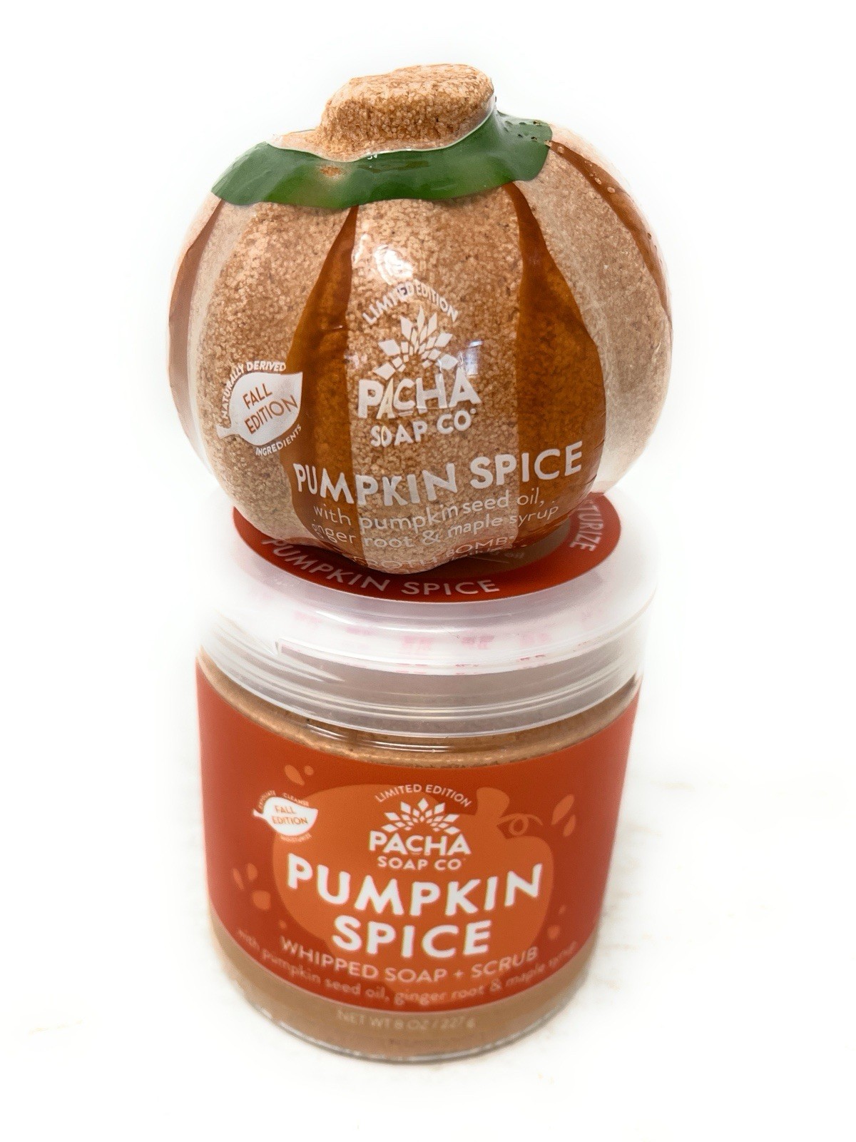 PACHA SOAP Co Pumpkin Spice Whipped Soap Scrub 8 oz & Froth Bath Bomb Bundle