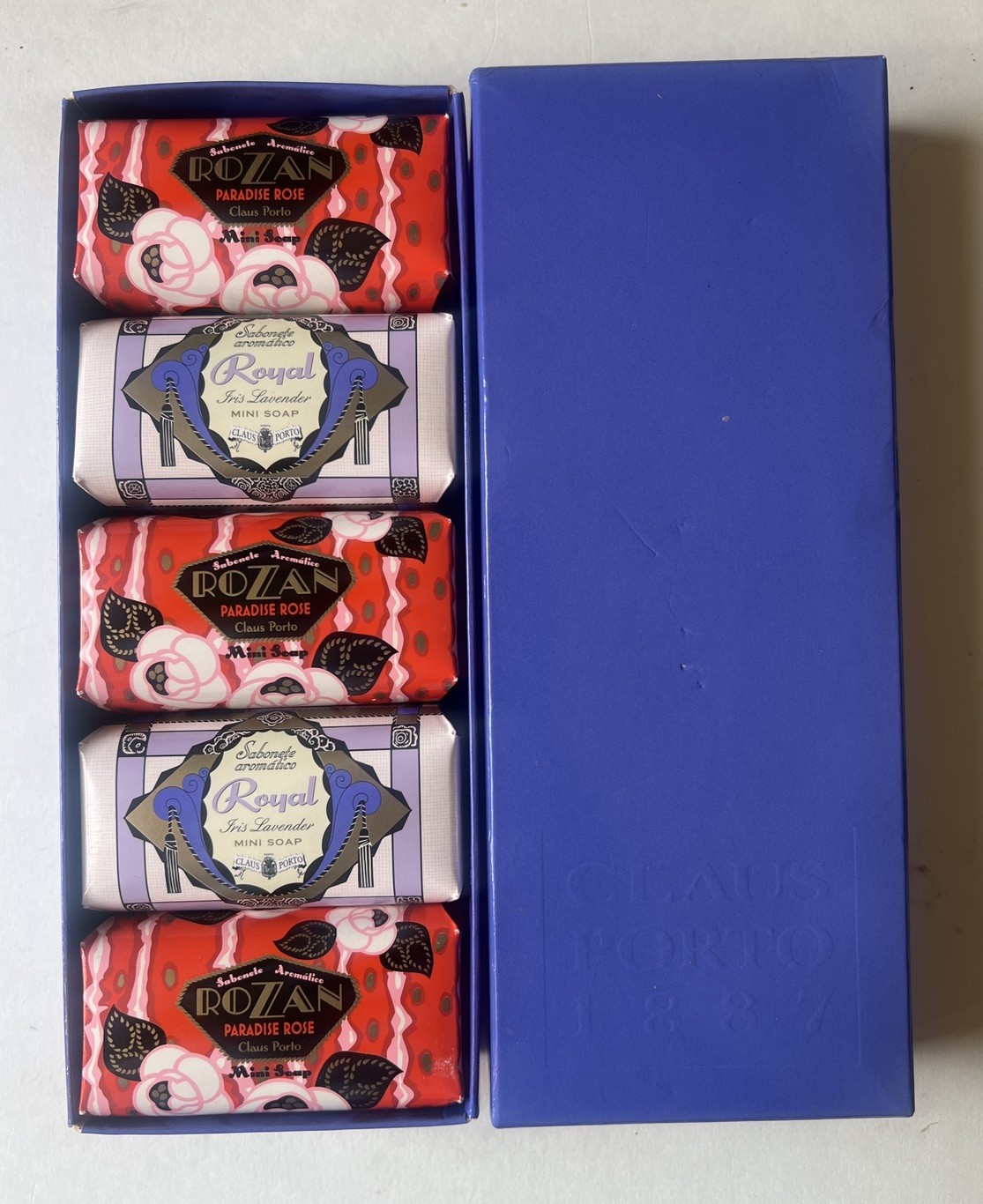 5 x Claus Porto Iris Lavender & Paradise Rose Mini Soap Bars in box – 1.8oz/50g