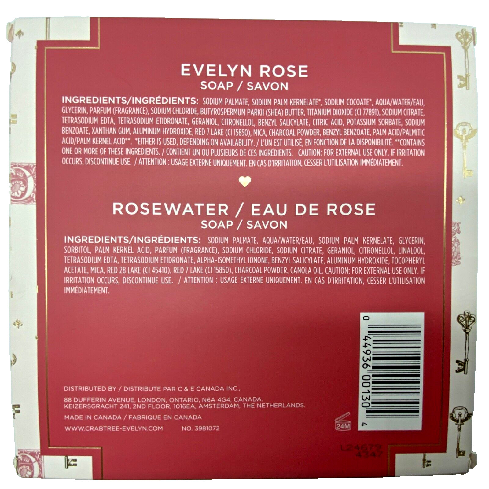 Crabtree & Evelyn Rosewater & Evelyn Rose Heart Shaped Bar Soap 14oz (4×3.5oz)