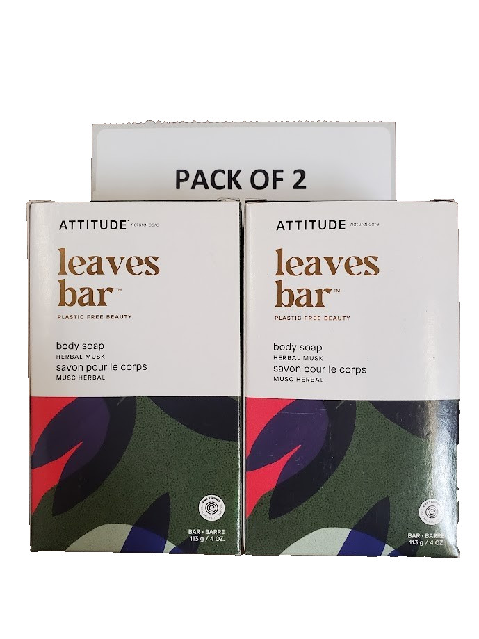 2 Pack Leaves Bar Body Soap – Herbal Musk – 4 Oz each By Attitude (Plastic Free)