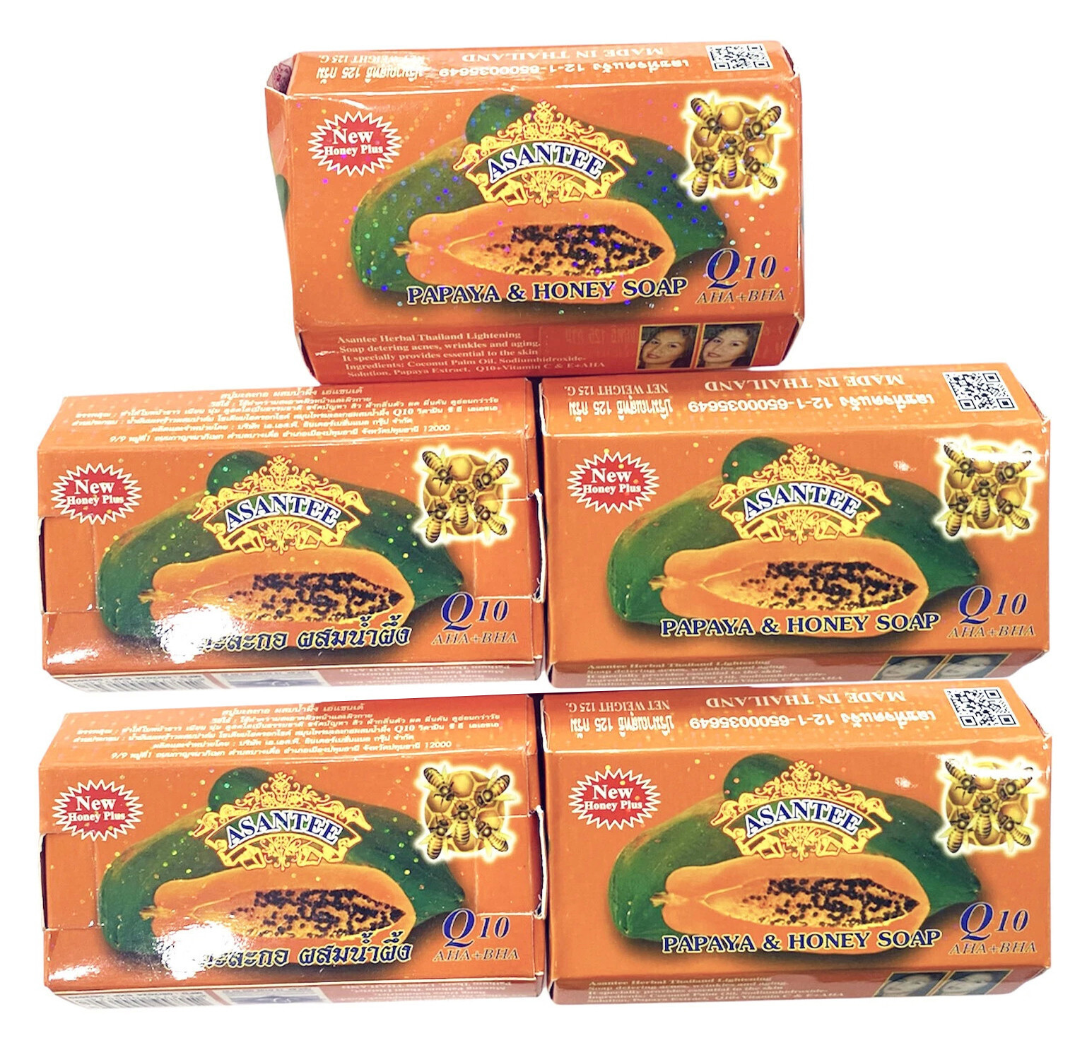 5 x Asantee Papaya Honey Soap with Q10, AHA, BHA Skin Bright 125g