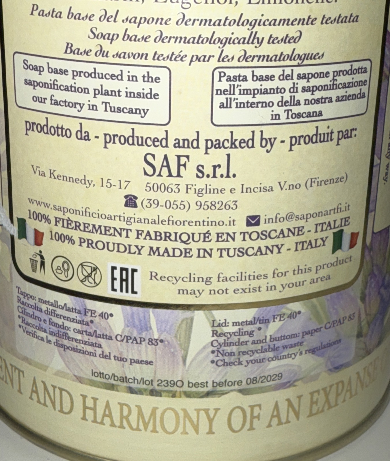 LAVENDER Scented Luxury Soap Bars 4 x 5.29oz by HOPIFICIO 🇮🇹 BB:08-2029