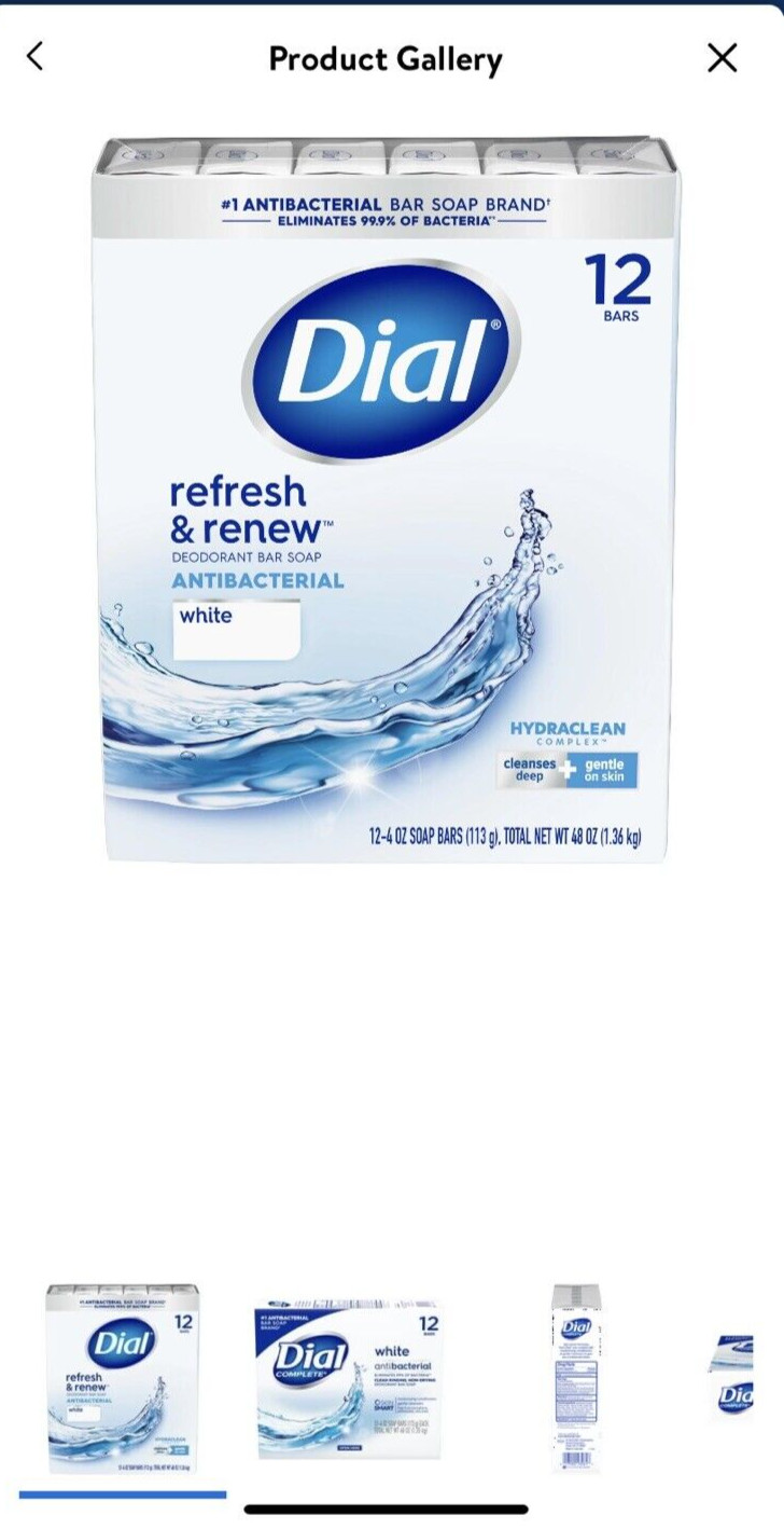 Dial Antibacterial Deodorant Soap, White, refresh and renew 3.2 Ounce 12 Bars