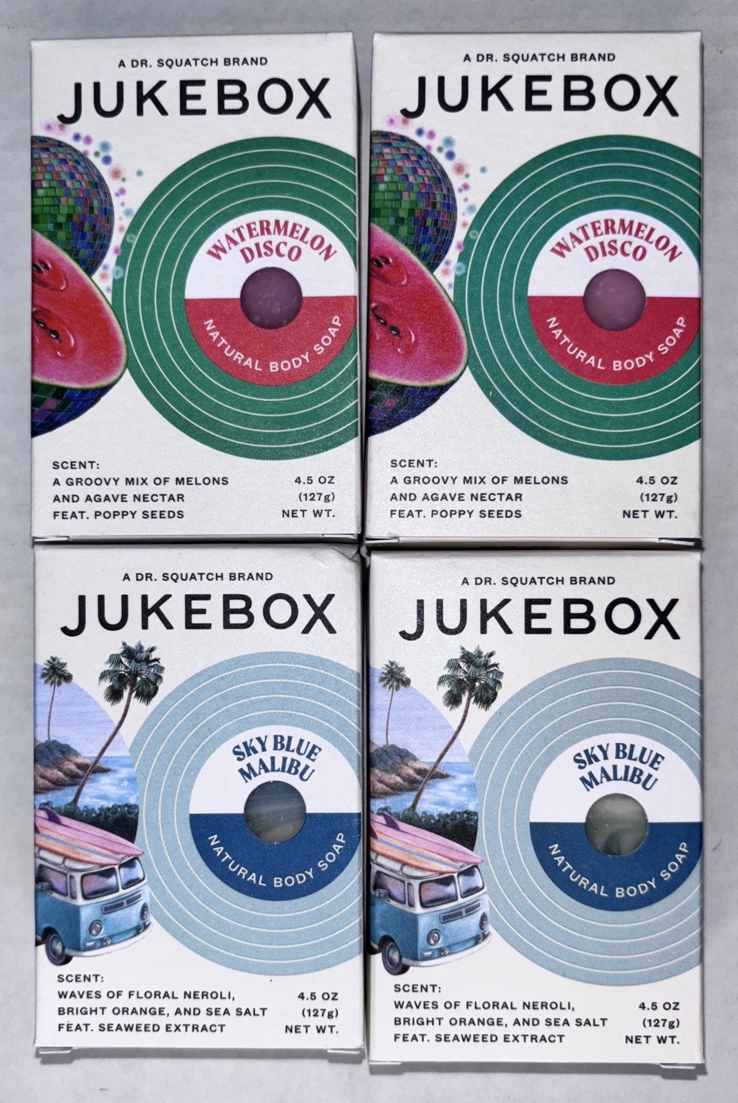 Jukebox 2-Watermelon Disco & 2-Sky Blue Malibu Natural Bar Soap 4.5 oz Lot Of 4