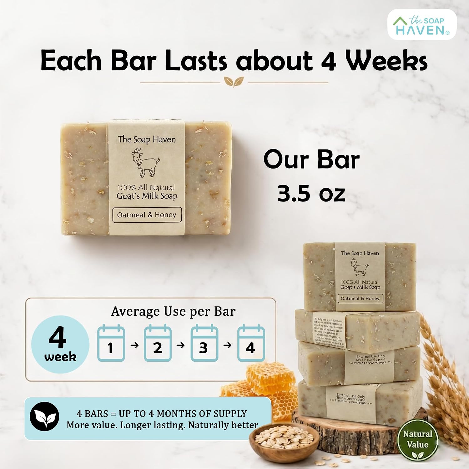 Oatmeal Soap – 4 Oatmeal & Honey Goat Milk Soap Bars, Handmade in USA, All Natur