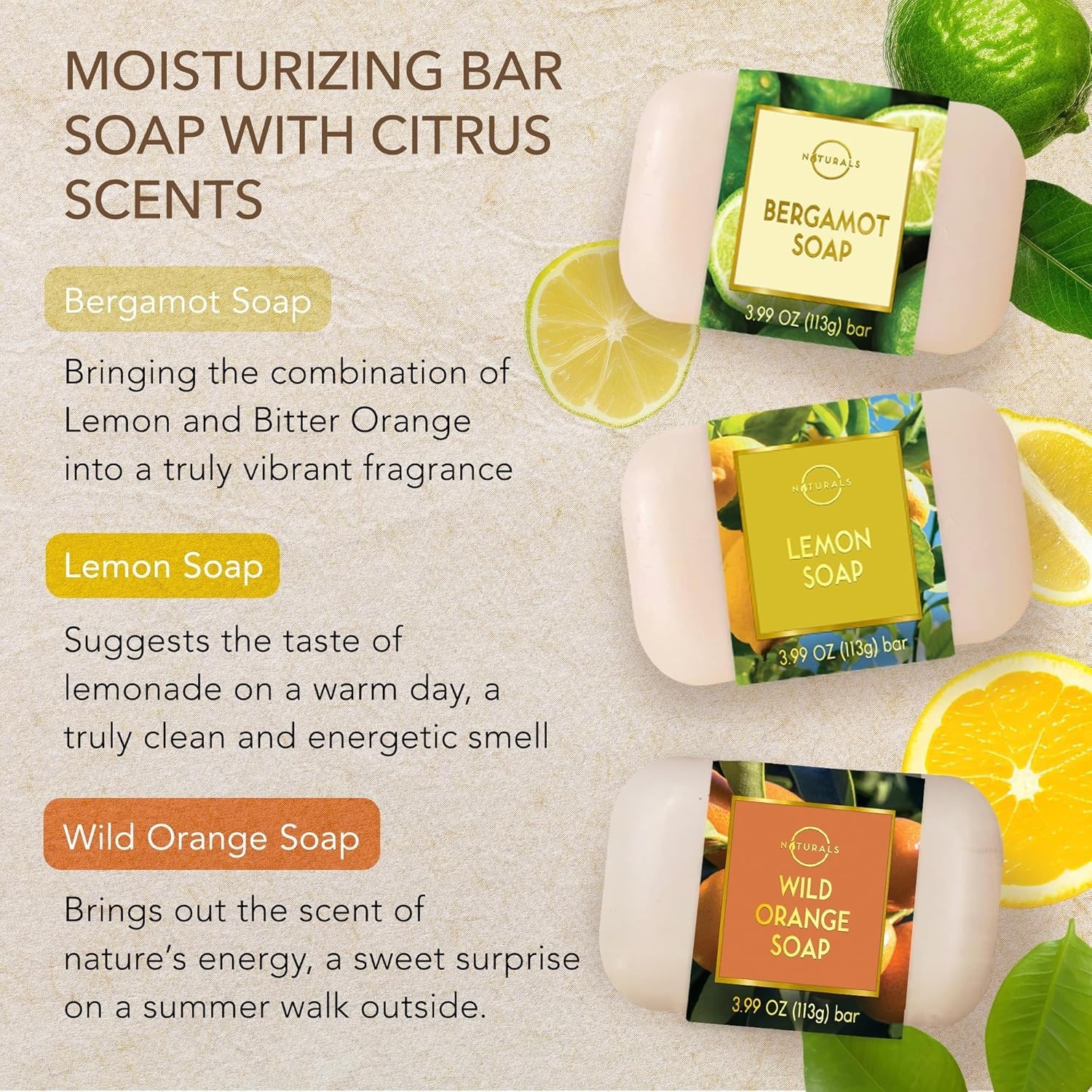 Natural Bar Soap Gift Set with 6 Citrus Scents for Body and Face Cleansing
