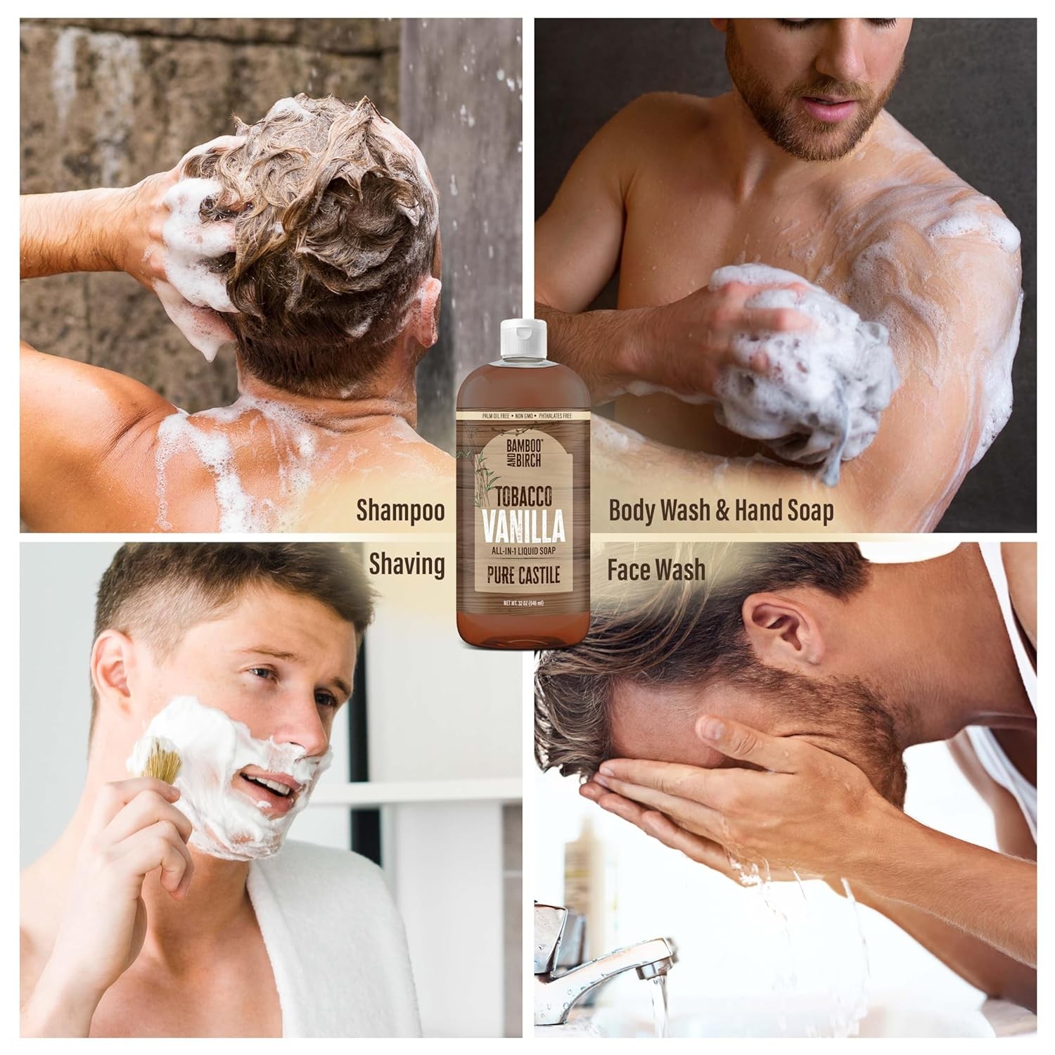 BAMBOO AND BIRCH Pure Castile Soap Liquid, Certified Palm Oil Free Natural Soap,