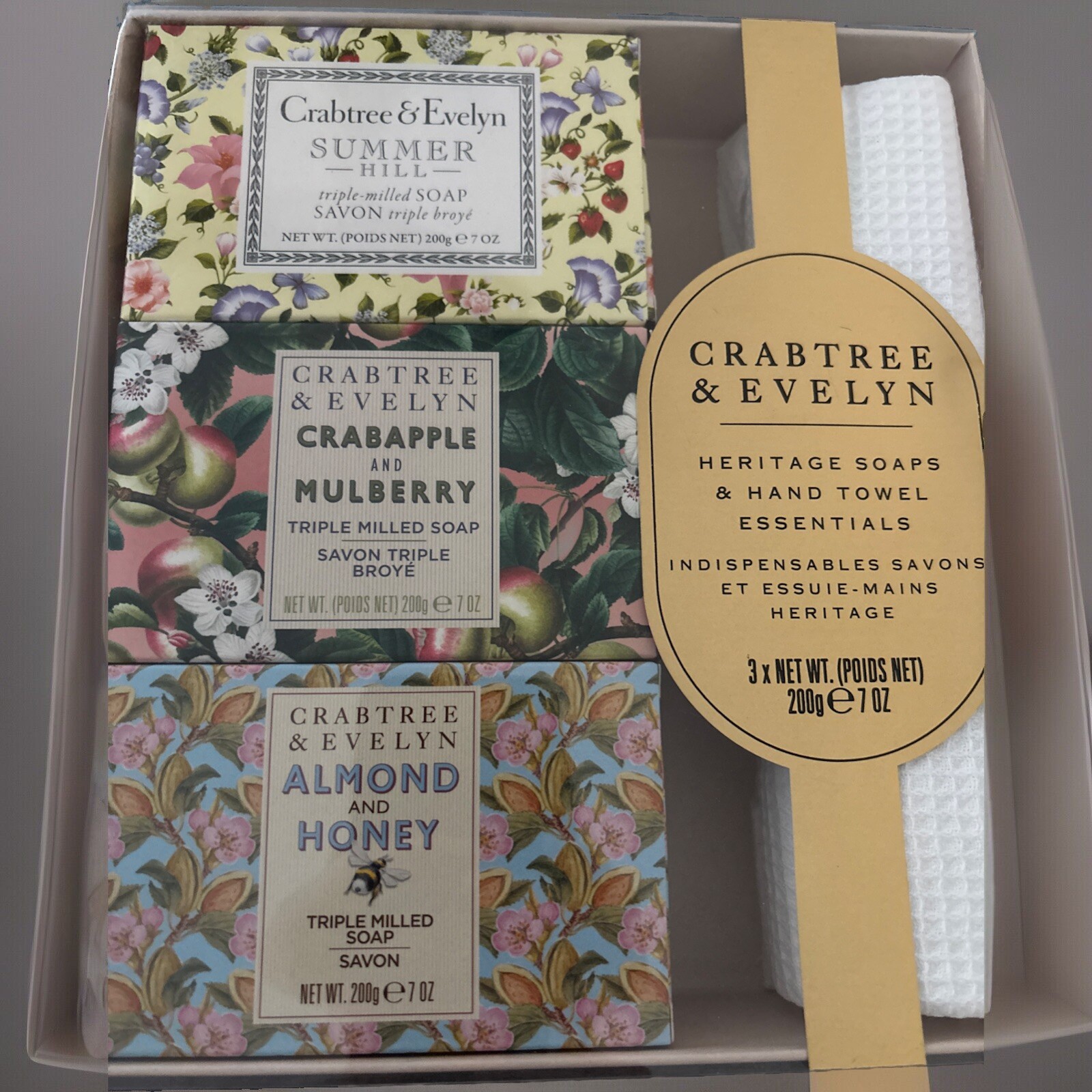4pc Crabtree & Evelyn heritage soap & hand towel boxed gift set new