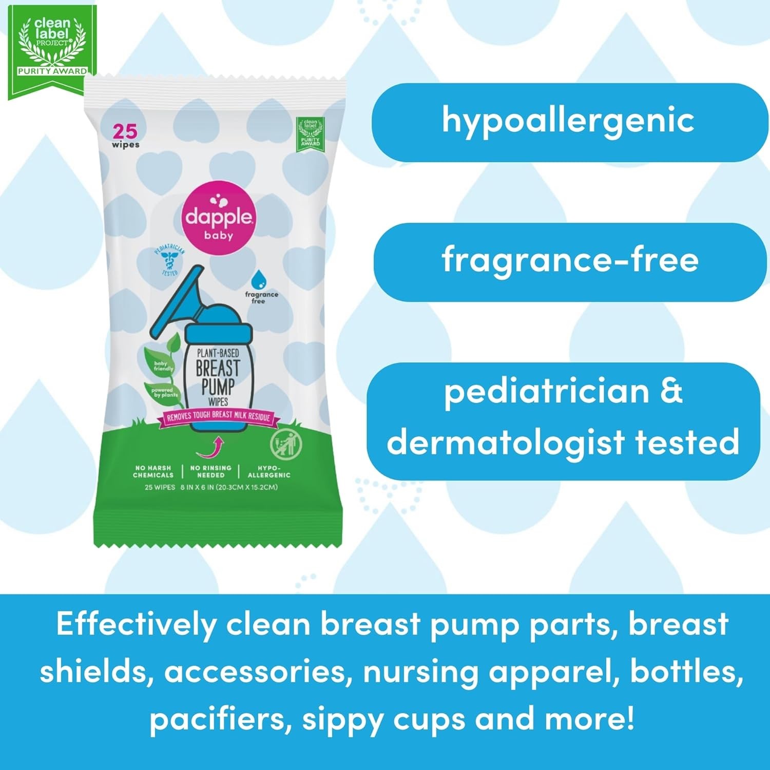 Dapple Baby Breast Pump Wipes, Powered by Plants, 25 Count (Pack of 3)