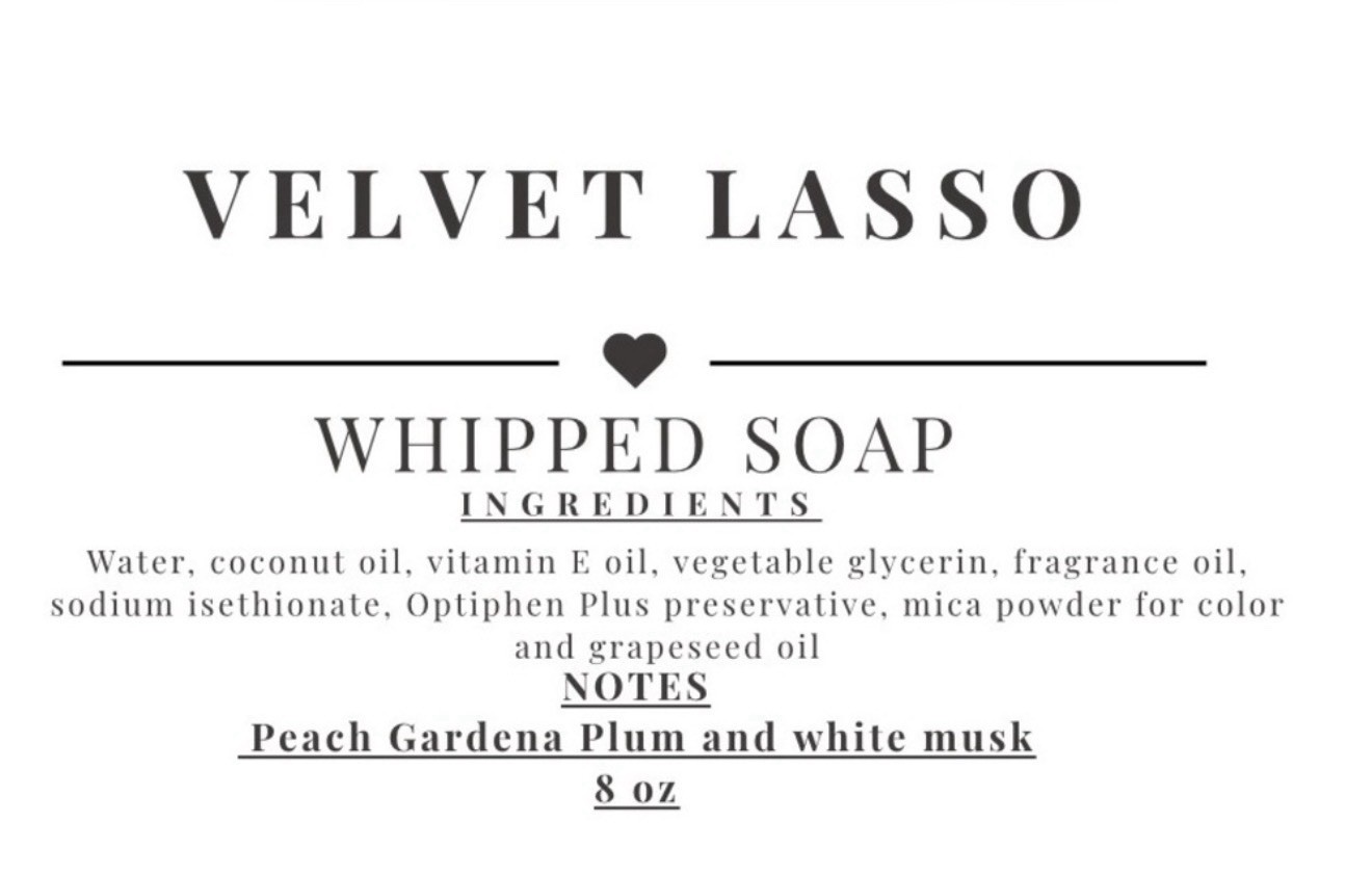 Velvet Lasso Handcrafted Whipped Soap Peach Gardenia Plum White Musk 8 oz