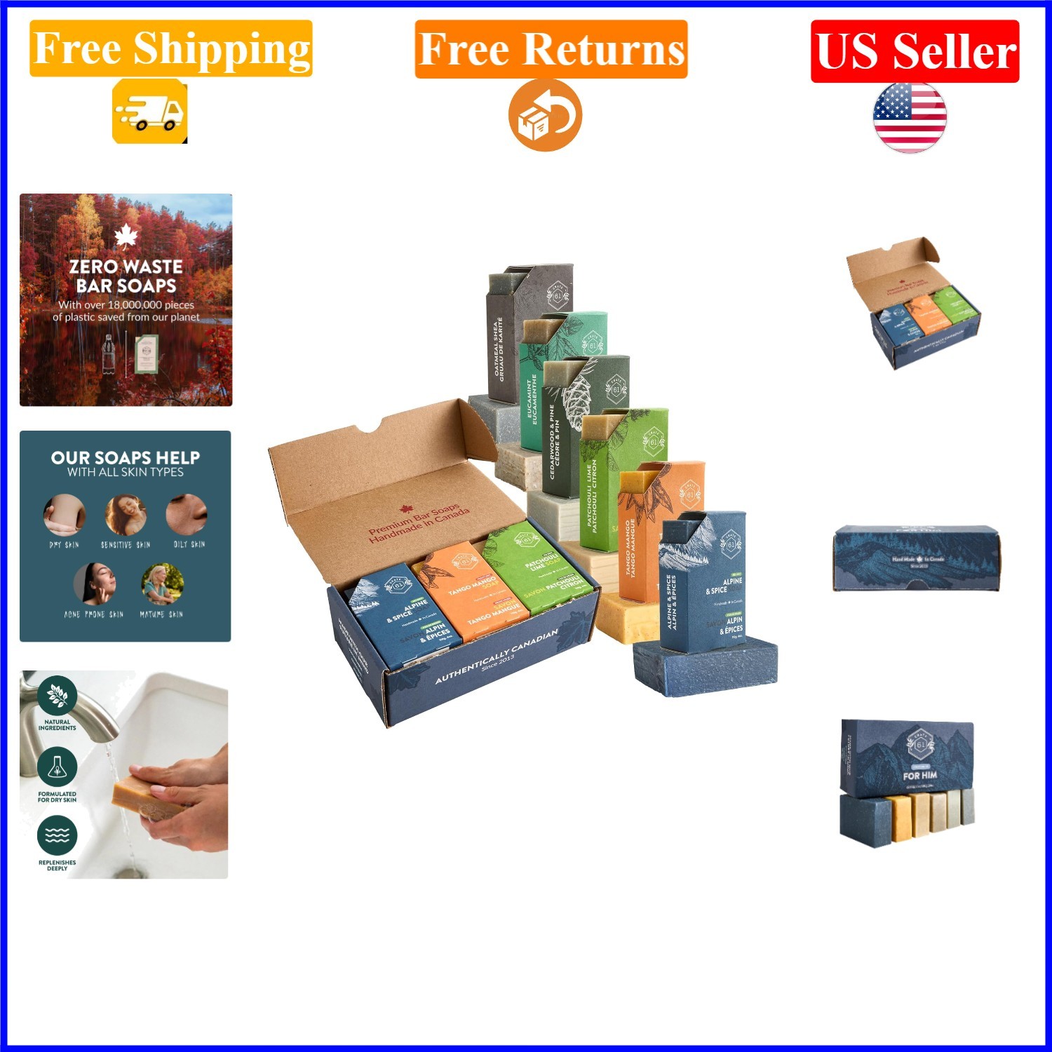 Handmade Canadian Plant-Based Cold Process Soap, 6-Packs for Him