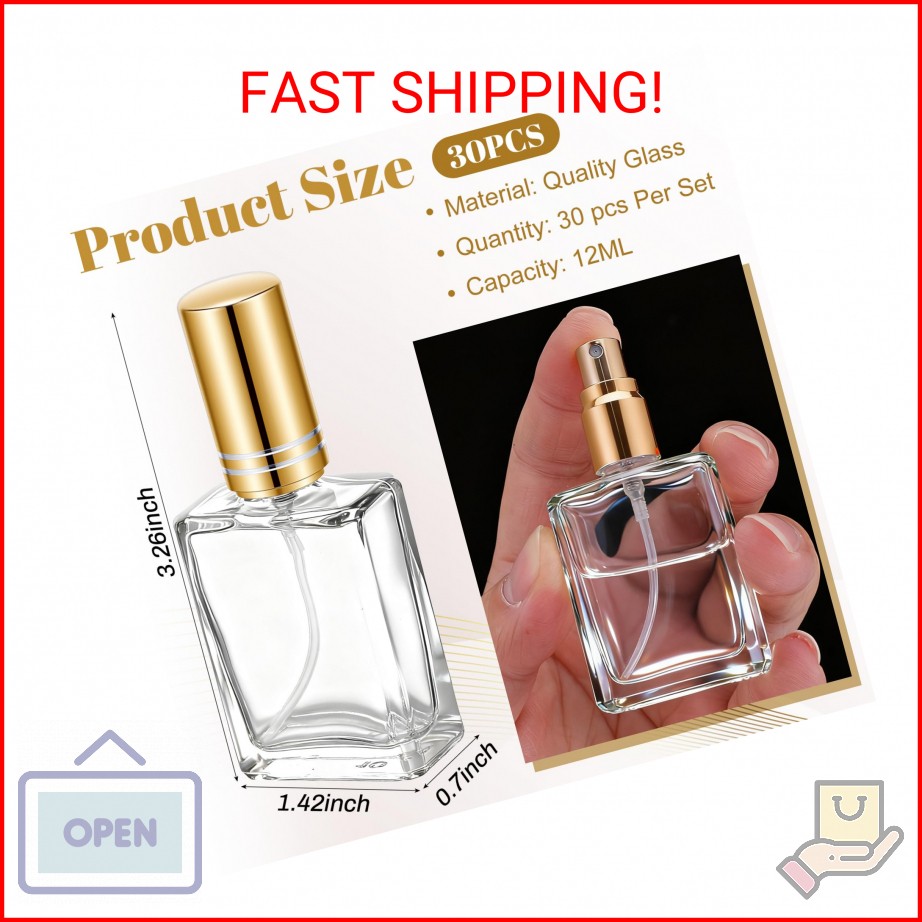 mekueeex 30 Pcs 12 ml Square Glass Perfume Bottles, Refillable Empty Spray Atomi