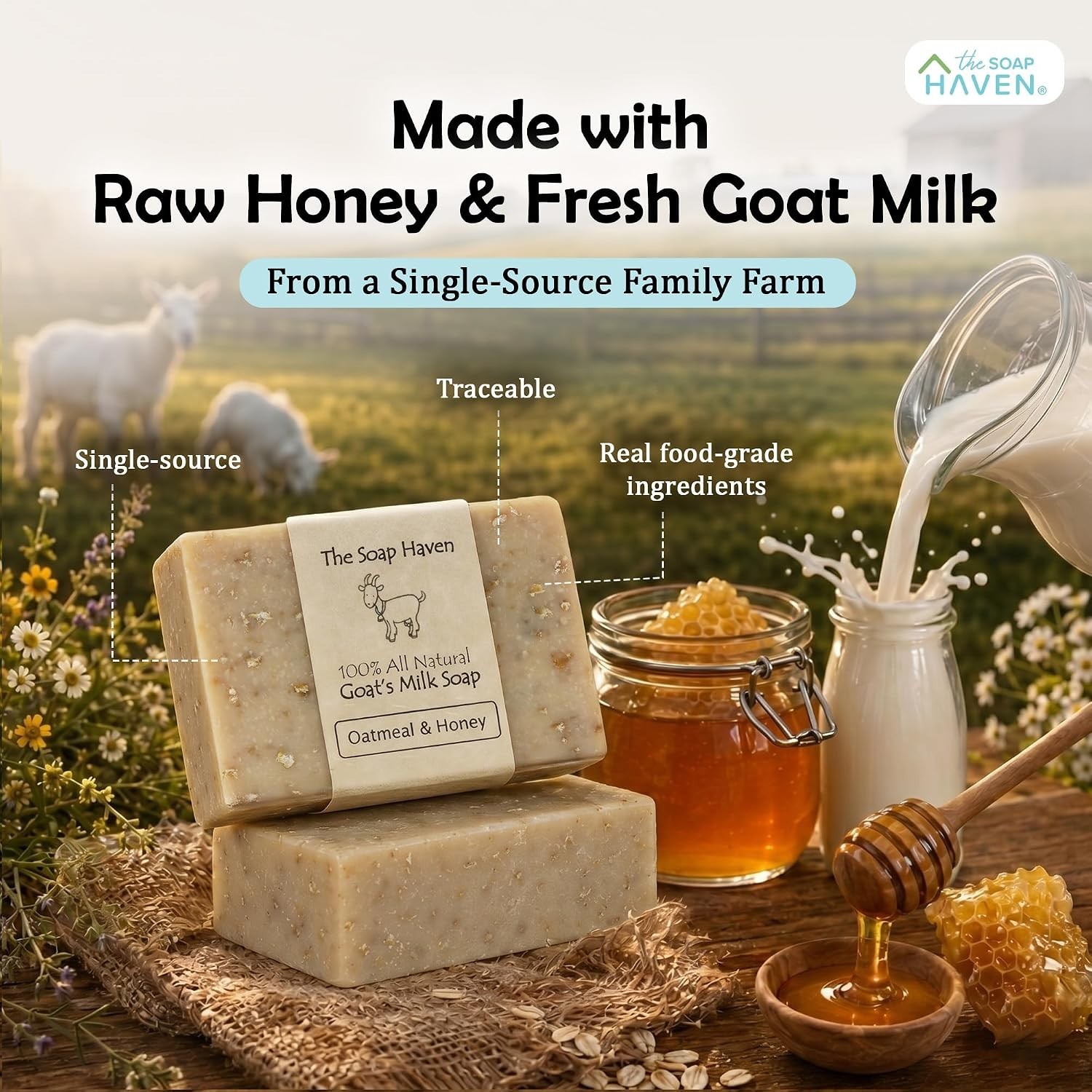 Oatmeal & Honey Goat Milk Soap Hand | All Natural and SLS Free | Unscented So…