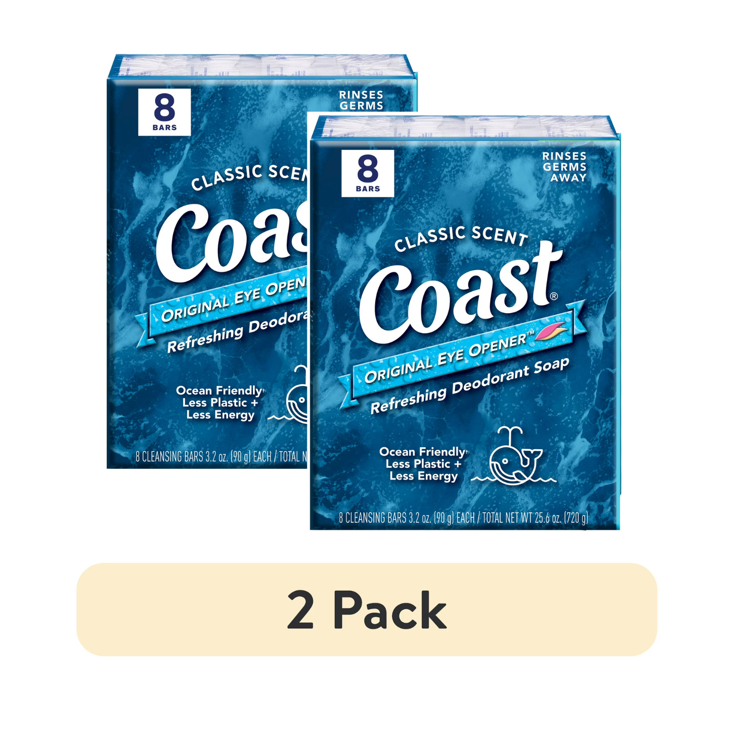2 Pack Coast Refreshing Deodorant Bar Soap Classic Scent 3.2 oz 8 Count Twin Box