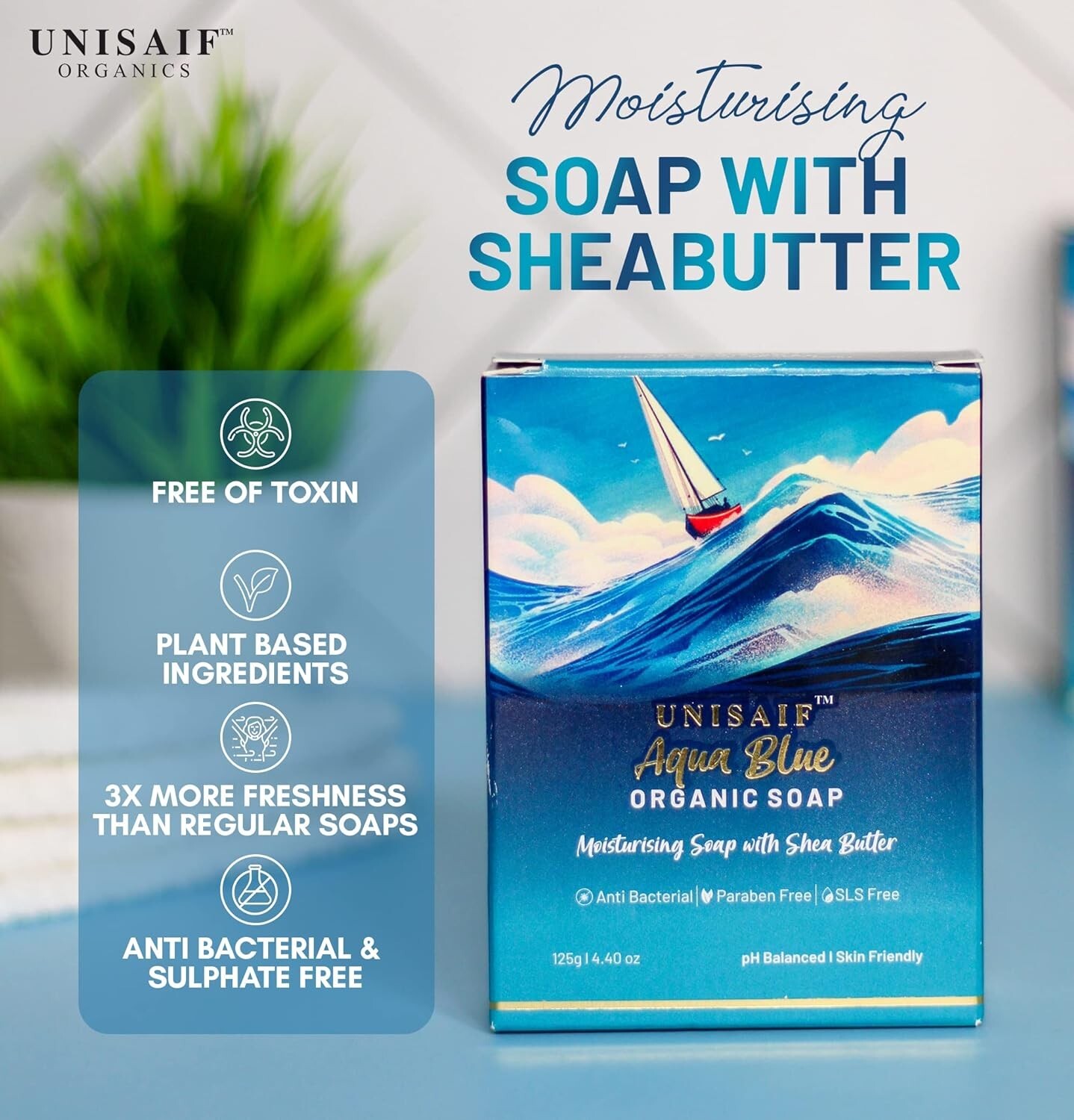 Unisaif Aqua Blue Organic Body Soap Bar, Moisturizing Soap With Shea Butter