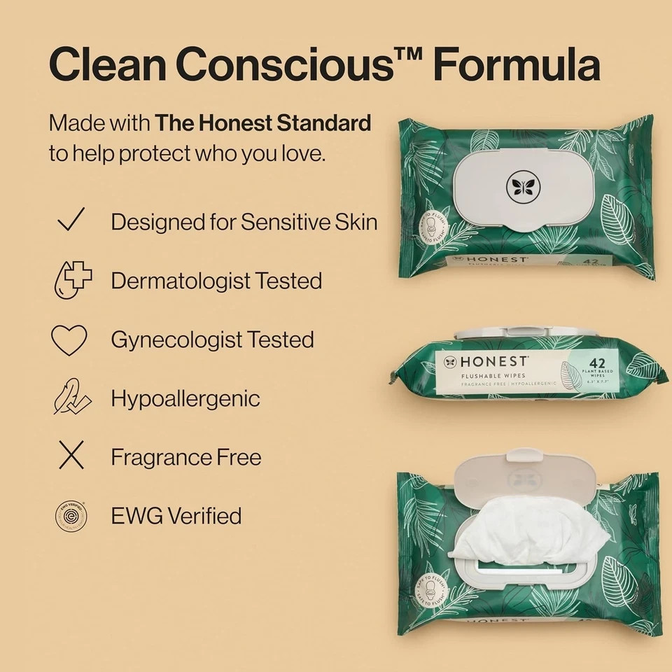 The Honest Company Flushable Wipes for 42 Count (Pack of 8), Tropical Leaves