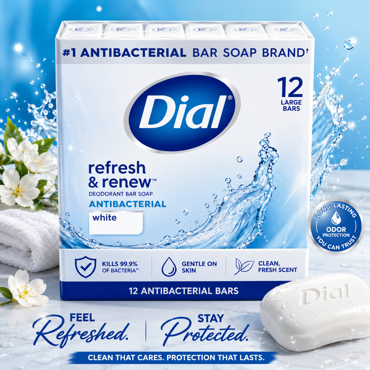 Dial Antibacterial Bar Soap, Refresh & Renew, White, 4 oz – 12 Pack (48 oz)