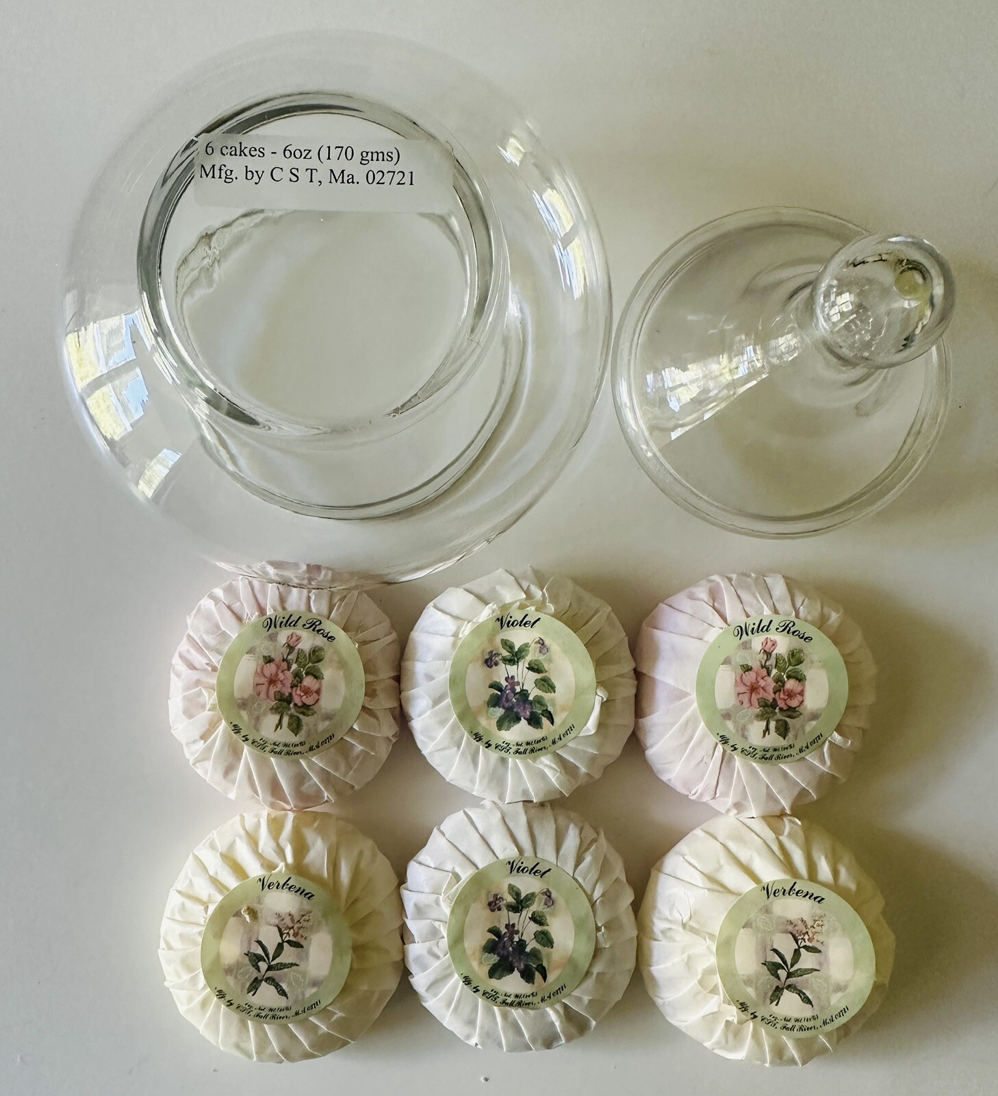 Clear Glass Soap Container with 6 Soap Cakes 6 oz 170 Gram Fall River, MA – USA