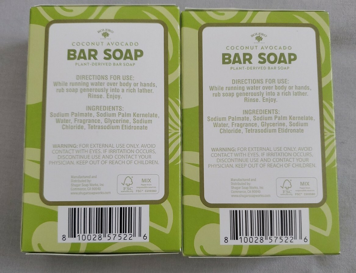 Bolero Coconut Avocado Bar Soap Plant-Derived 2 bar 5 oz each made in USA New