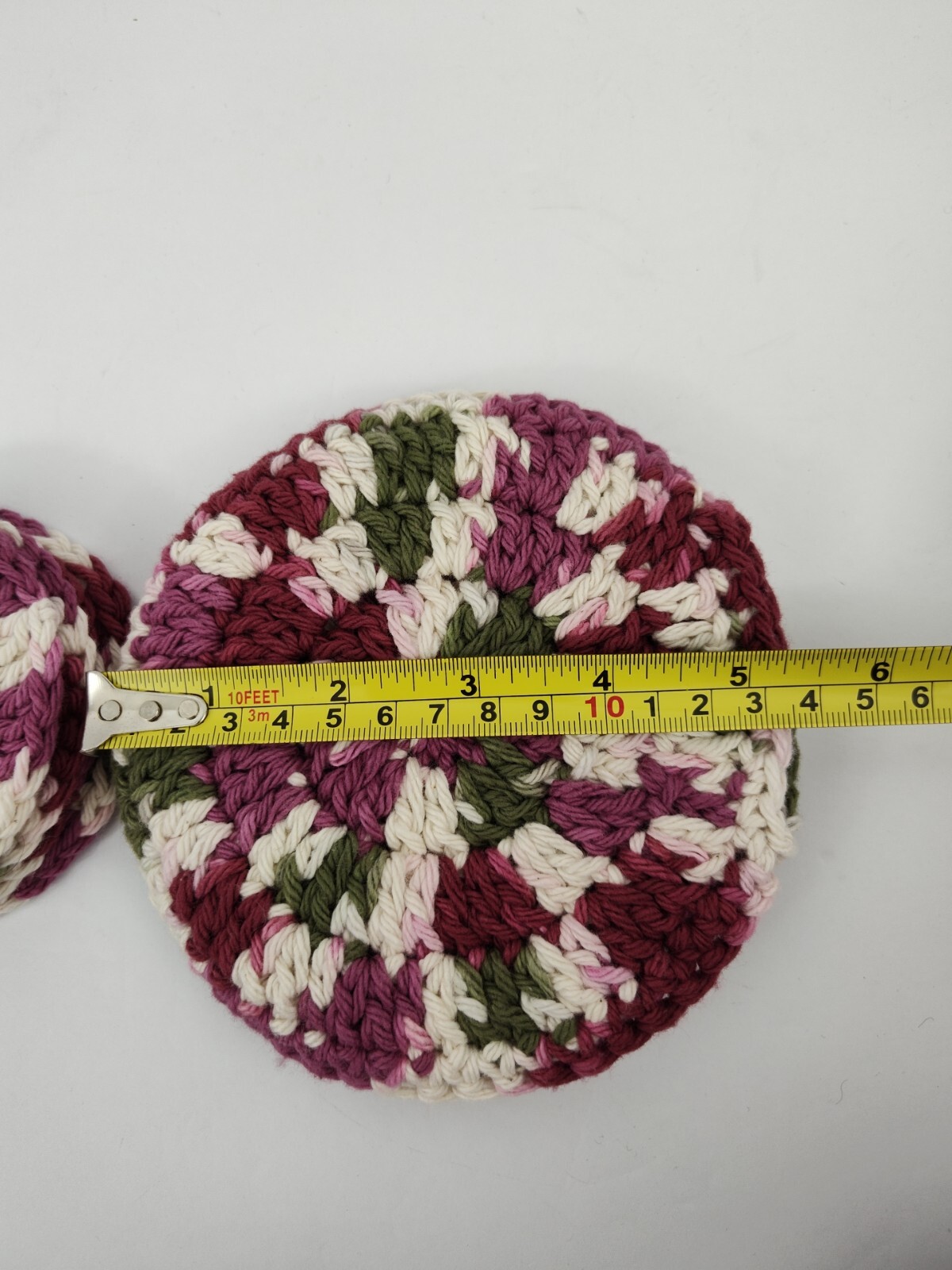 Hand Crochet Set Soap Saver and 4 Facial Scrubbies Cotton Pink Green Round