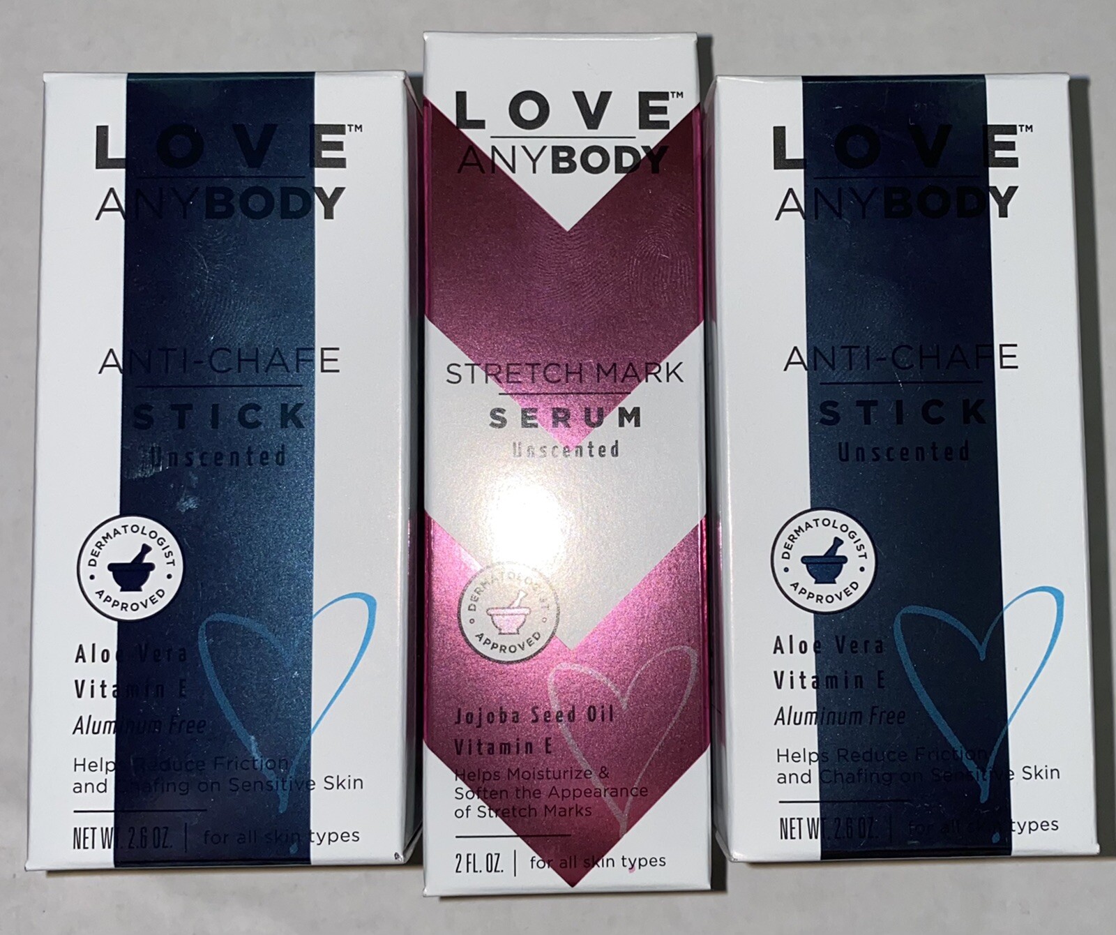 Love Anybody Anti Chaffe Stick X2 Unscented 2.6 oz. & Stretch Mark Serum X1