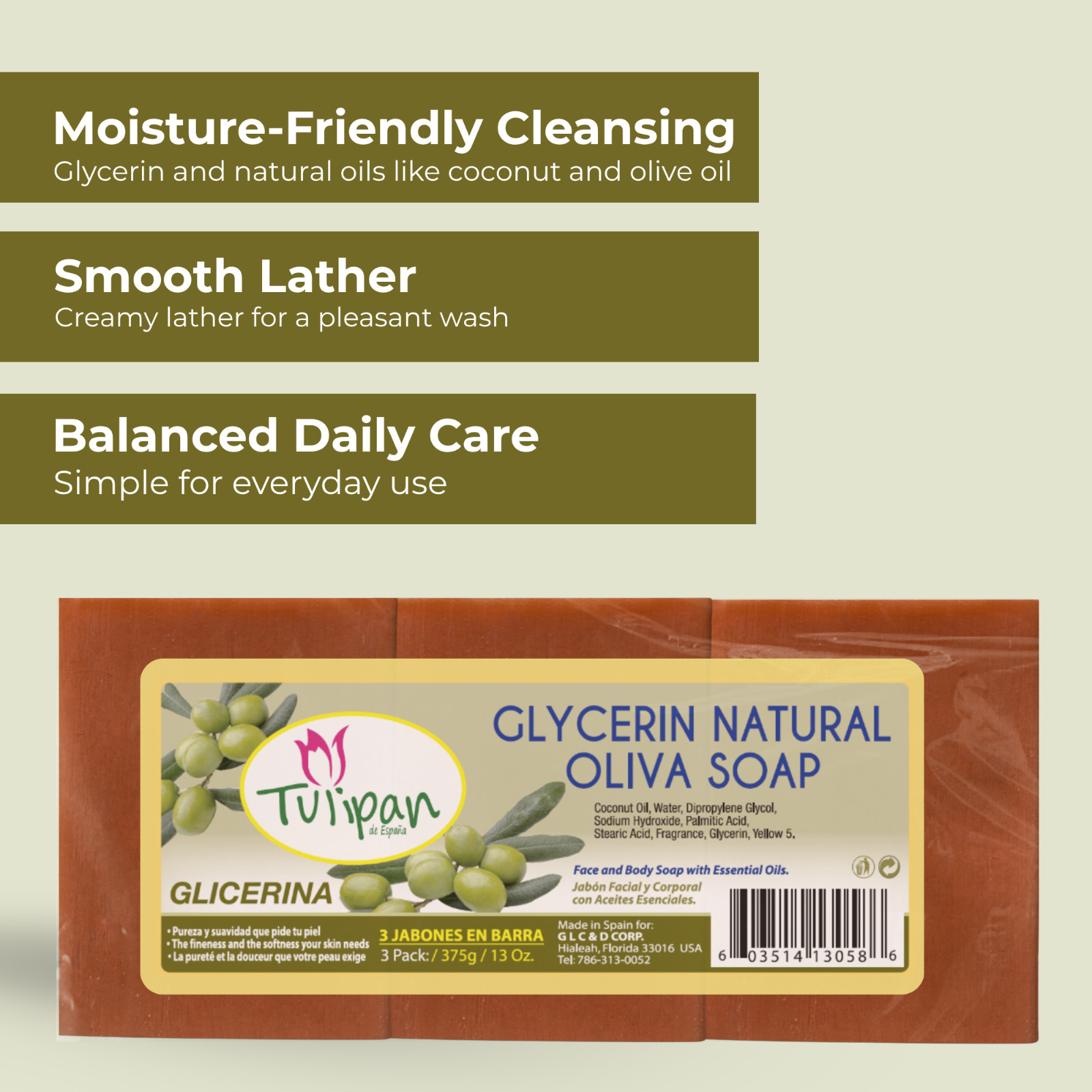 Tulipan de España Olive Glycerin Soap with Essential Oils, (9 Bars) 39 oz