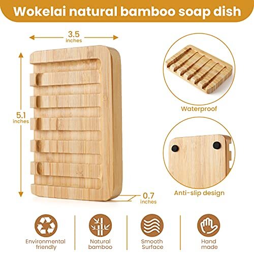 2 Pack Natural Bamboo Soap Dish Holder Self-Draining for Bathroom Kitchen Sink