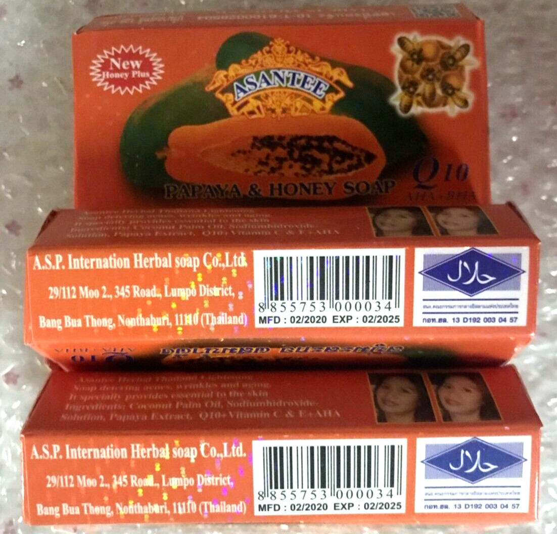 Asantee Soap Papaya Honey Skin 125g Herbal Thai Whitening Q10 And AHA Lighten x6