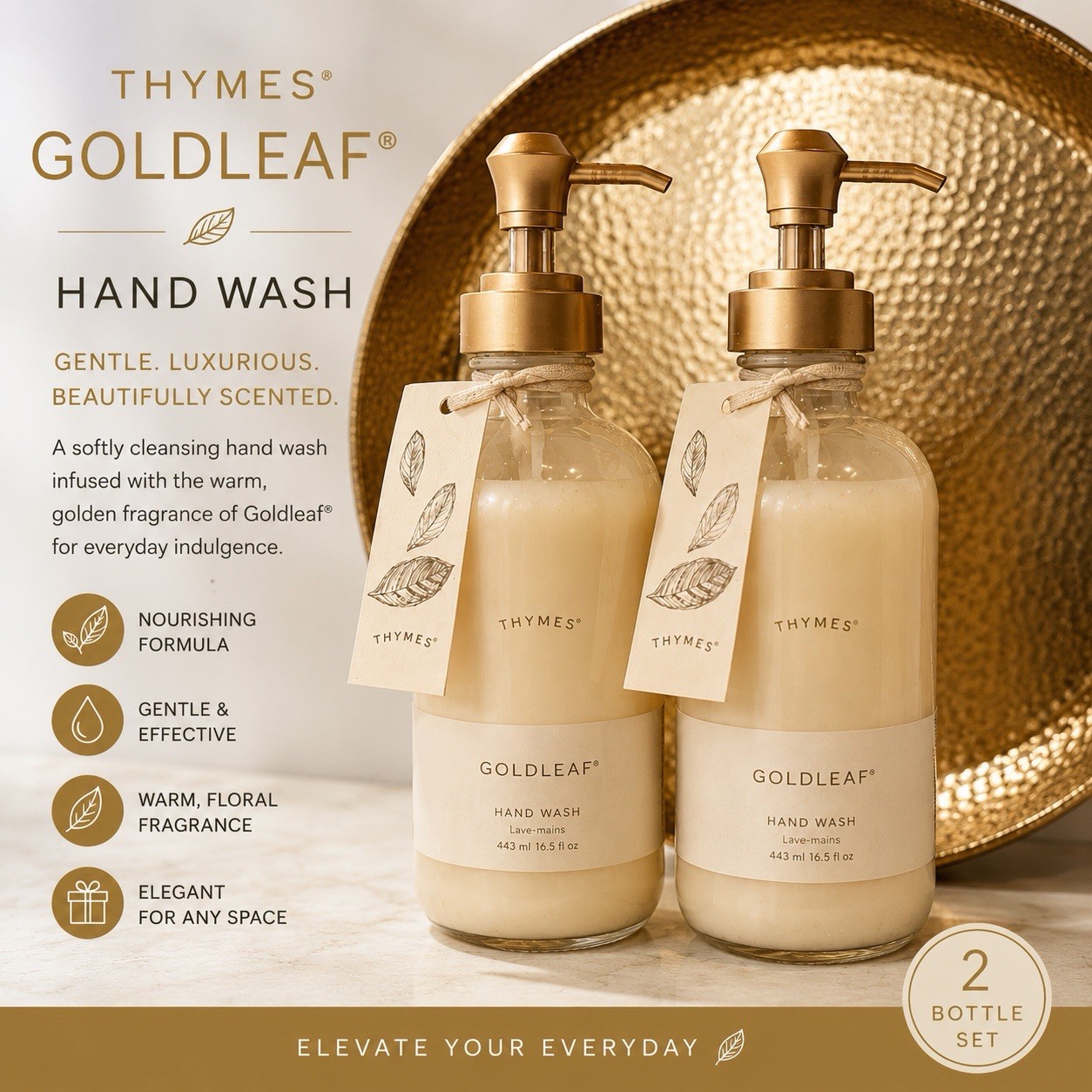 Thymes Goldleaf Hand Wash 16.5 oz Pump Bottles New 2 Pack