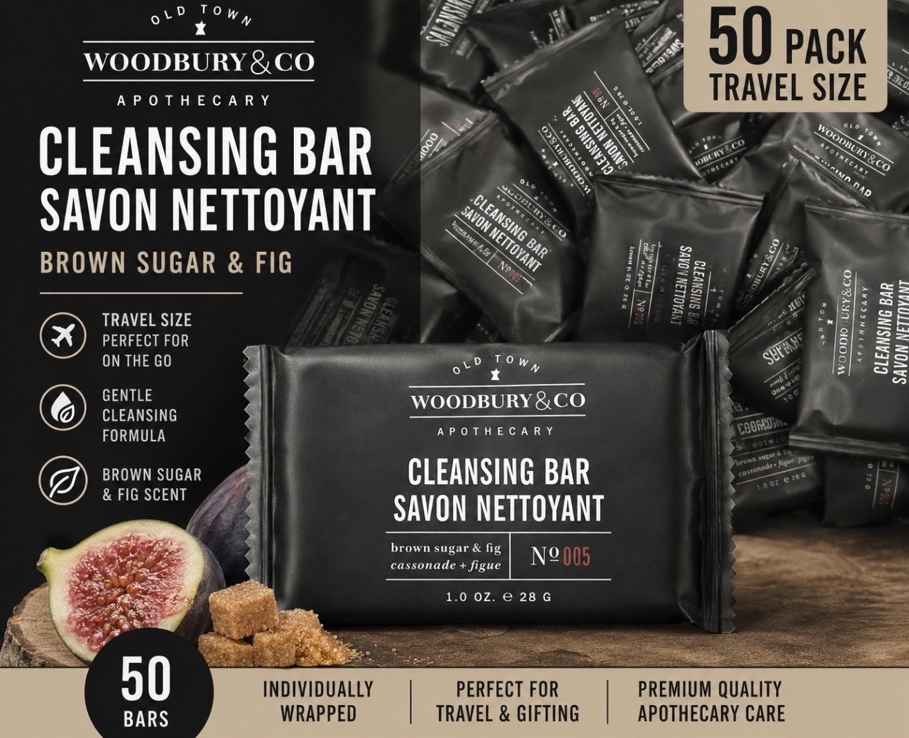Woodbury & Co Brown Sugar & Fig Cleansing Bar Soap 50 Pack Travel Size 1oz