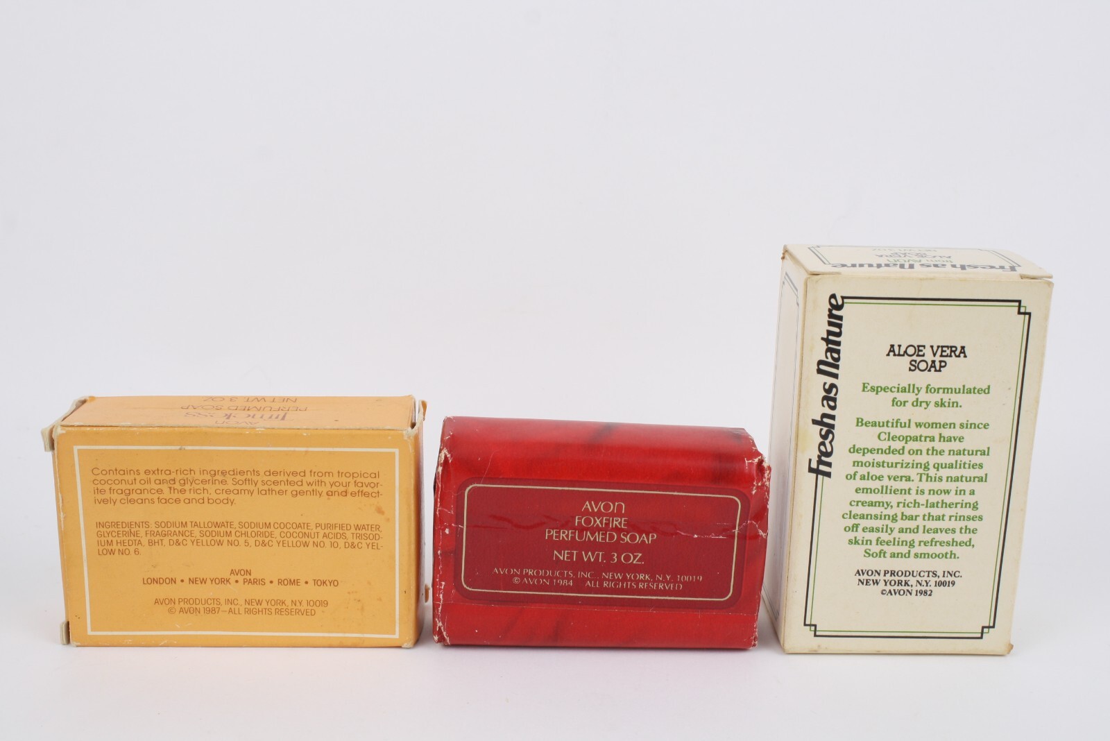Lot 3 C1980 AVON Perfumed Bar Soap Timeless Foxfire Fresh As Nature Aloe Vera
