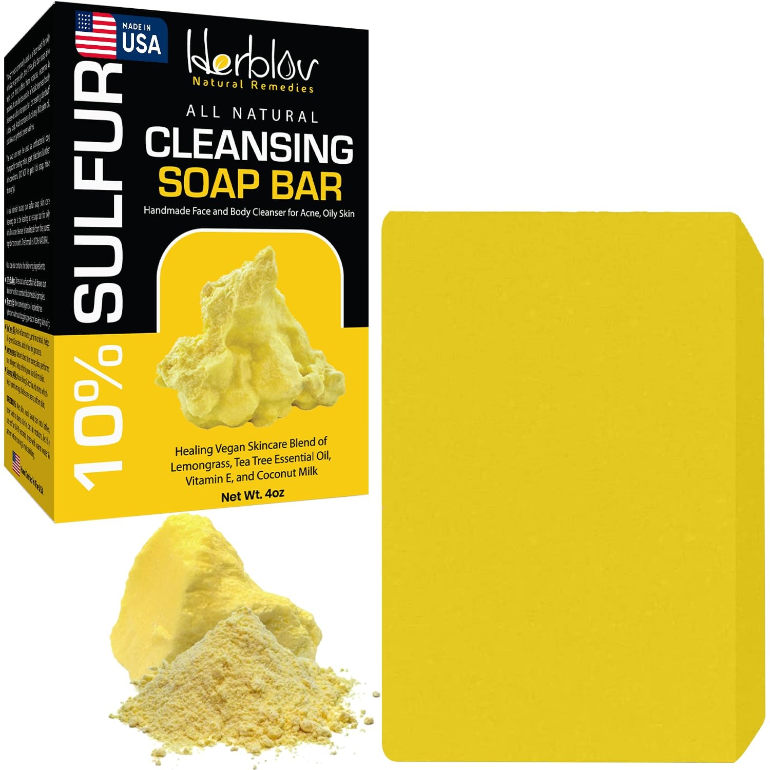 Cleansing 10% Sulfur Soap Bar for Face & Body – Natural 4 Ounce (Pack of 1)
