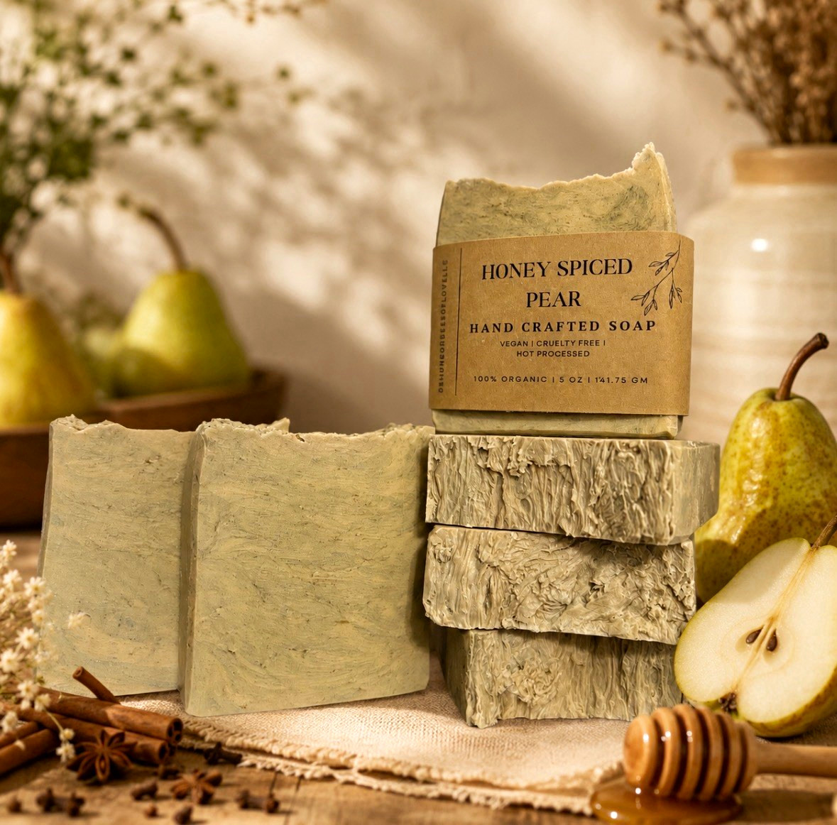 Honey Spiced Pear Soap Bar 5 oz Handcrafted Vegan Organic Cruelty-Free