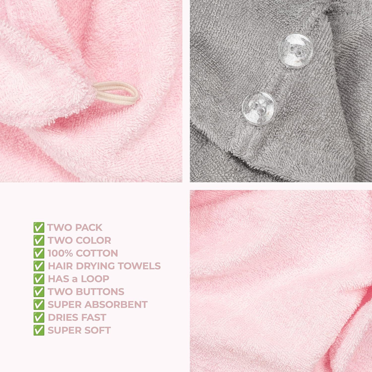 American Soft Linen 100% Cotton Hair Towels for Women, Head Pink – Light Grey